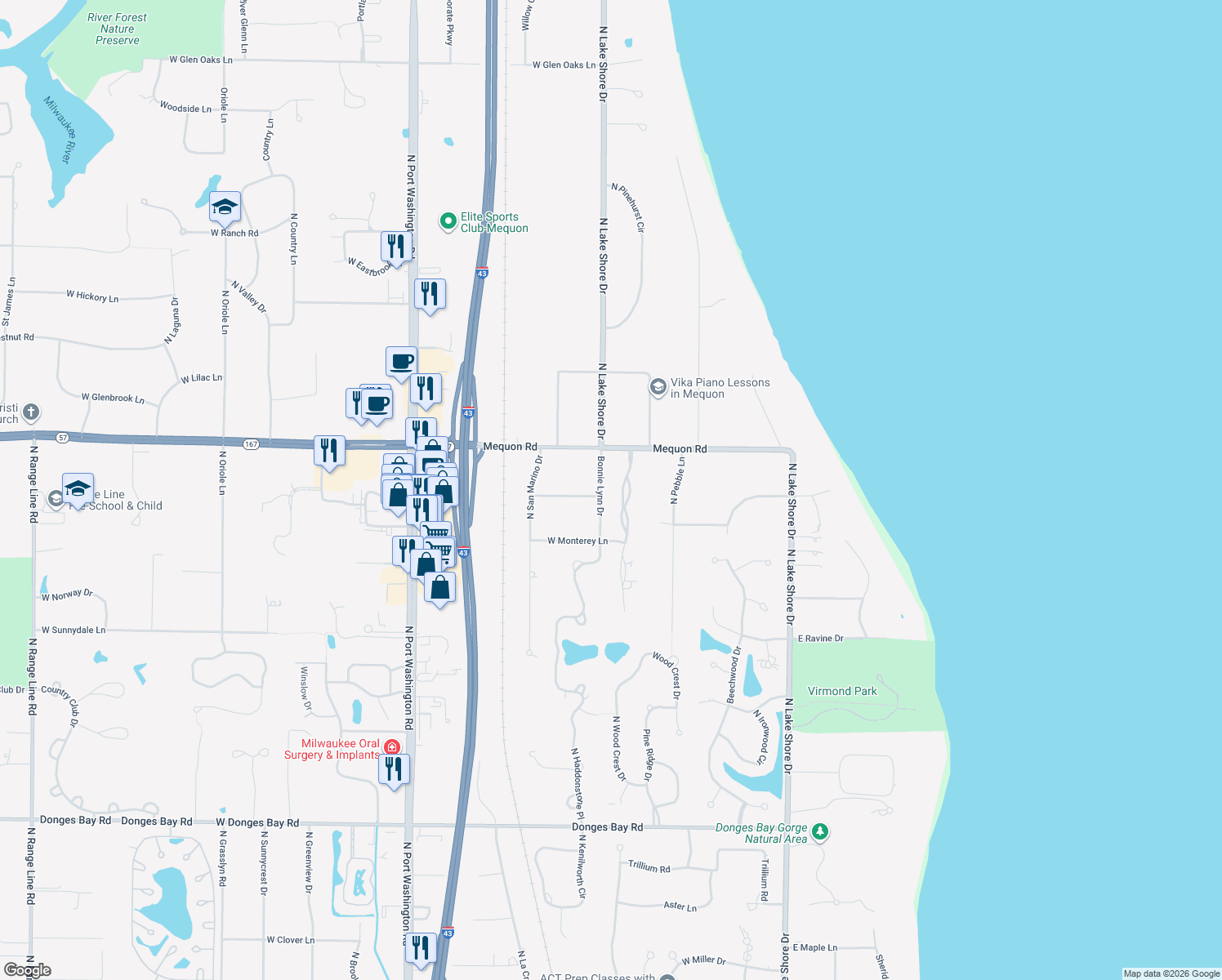 map of restaurants, bars, coffee shops, grocery stores, and more near 11107 North Wyngate Trace in Mequon