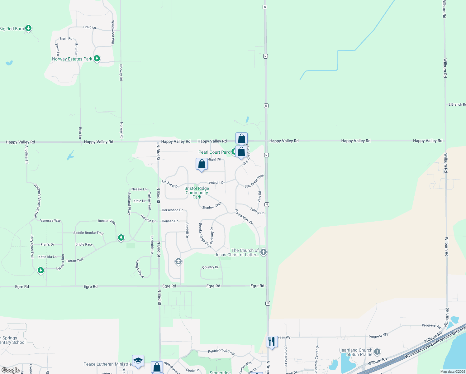 map of restaurants, bars, coffee shops, grocery stores, and more near 6781 Prairie View Dr in Sun Prairie