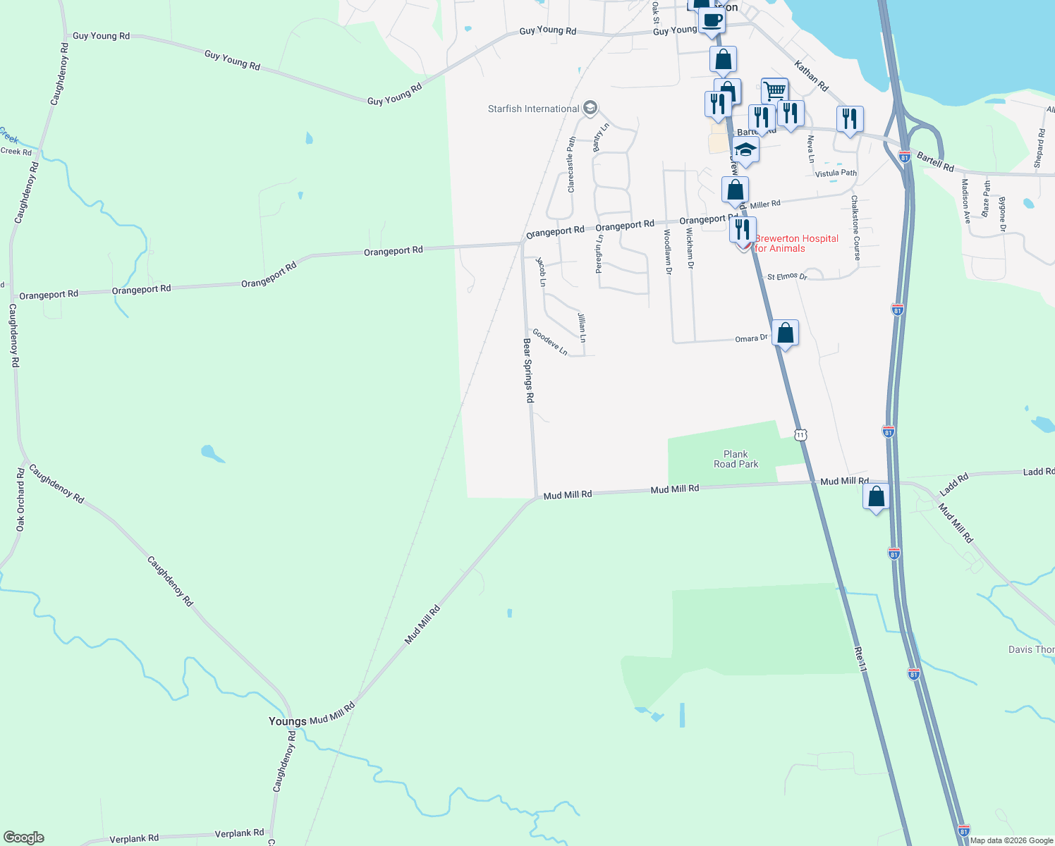 map of restaurants, bars, coffee shops, grocery stores, and more near 9393 Bear Springs Road in Brewerton