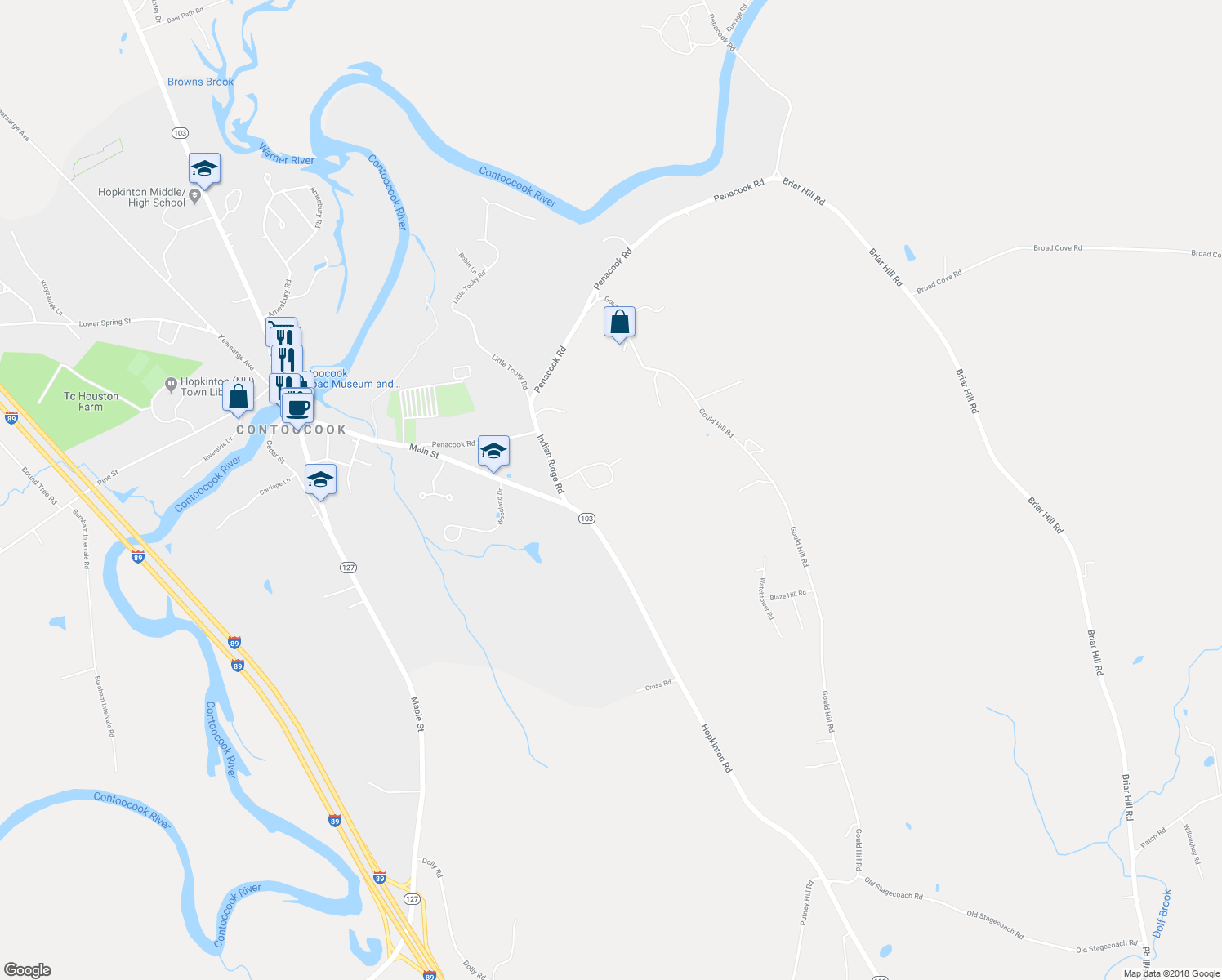 map of restaurants, bars, coffee shops, grocery stores, and more near 84 Woodwells Garrison Road in Hopkinton