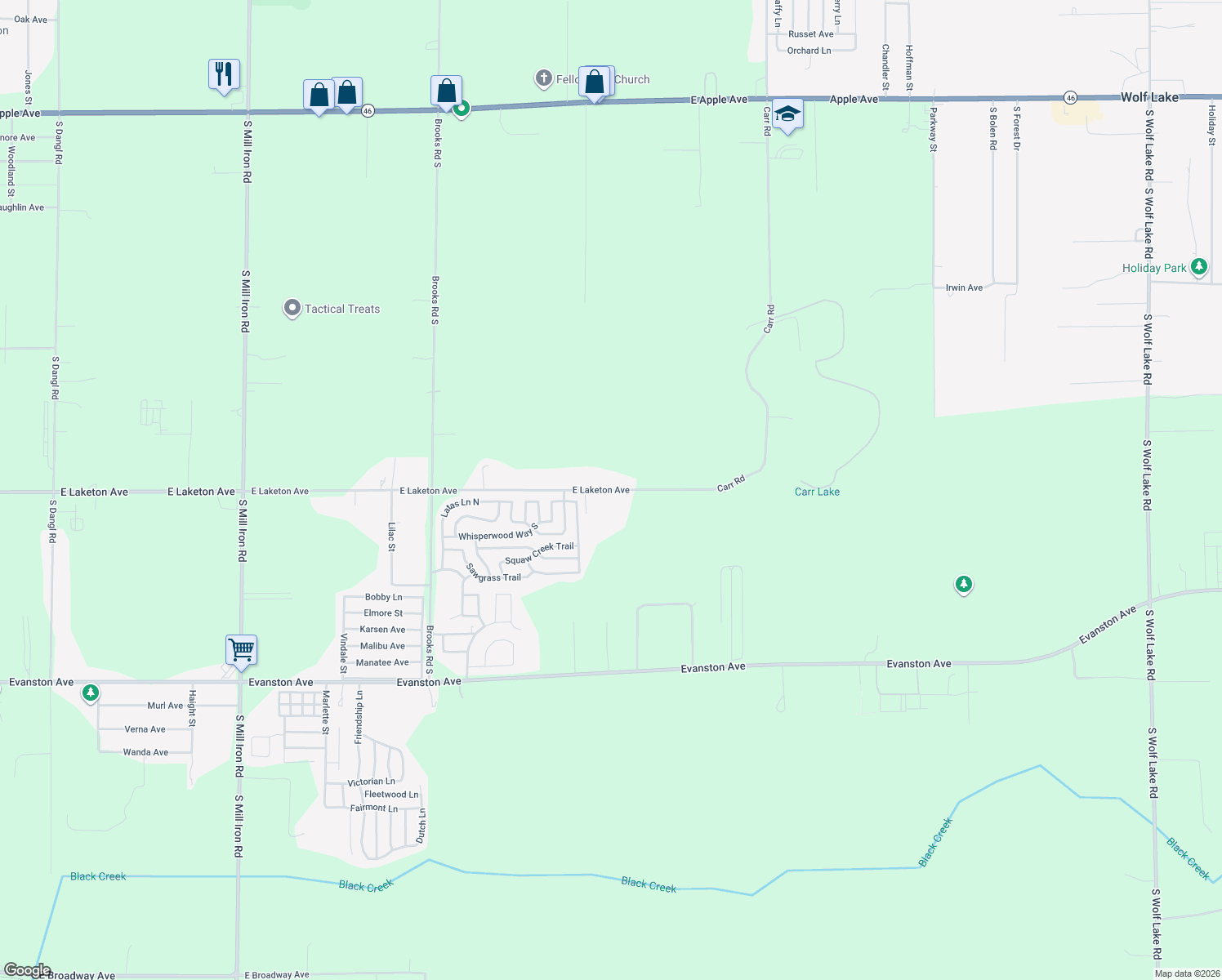 map of restaurants, bars, coffee shops, grocery stores, and more near 4425 East Laketon Avenue in Muskegon