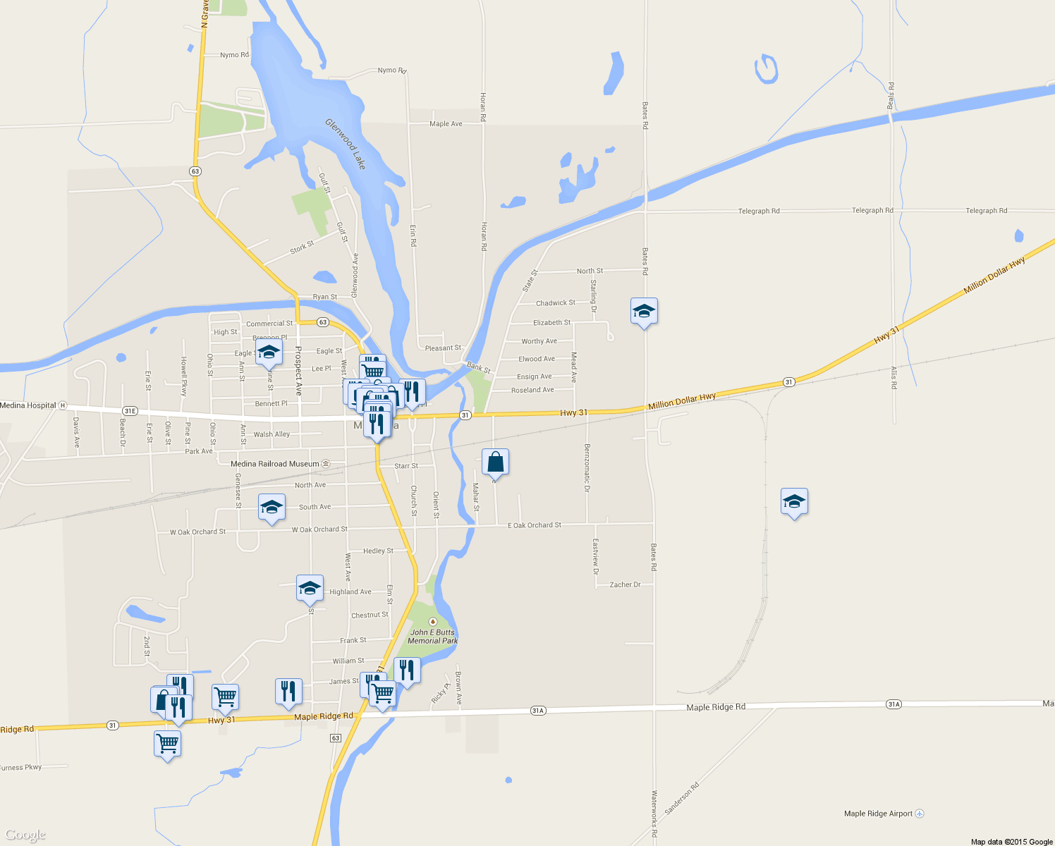 map of restaurants, bars, coffee shops, grocery stores, and more near 432 East Center Street in Medina