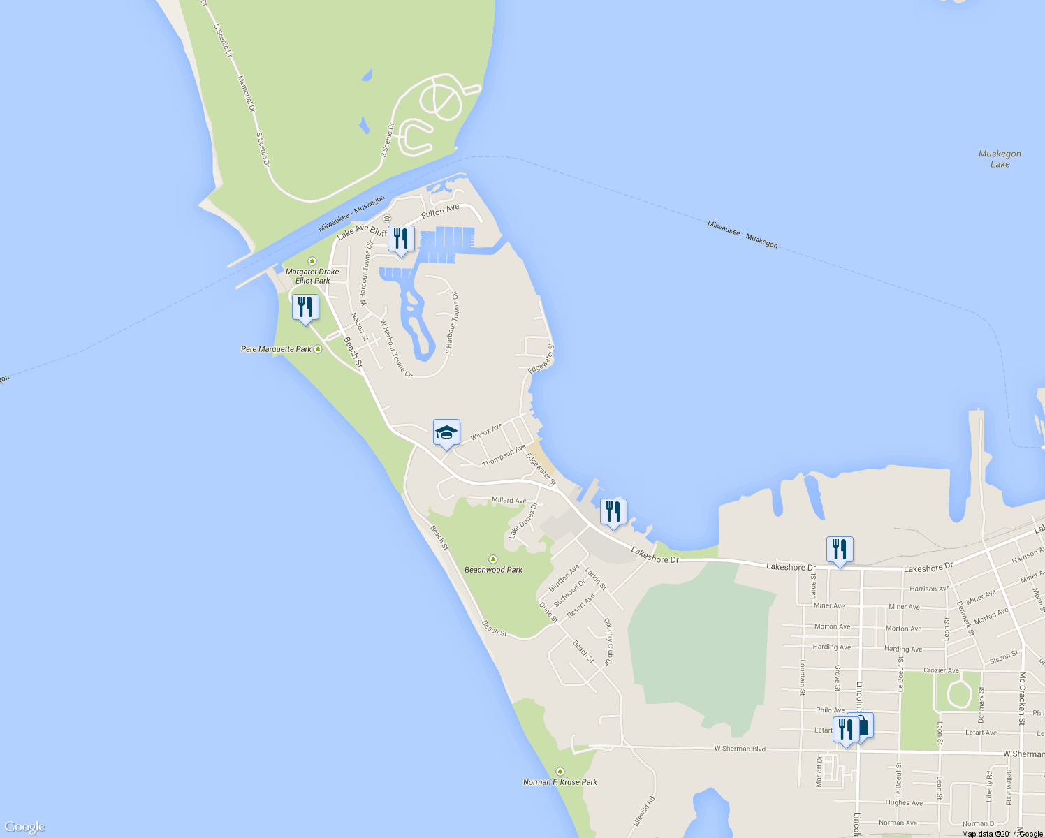 map of restaurants, bars, coffee shops, grocery stores, and more near 1835 Edgewater Street in Muskegon