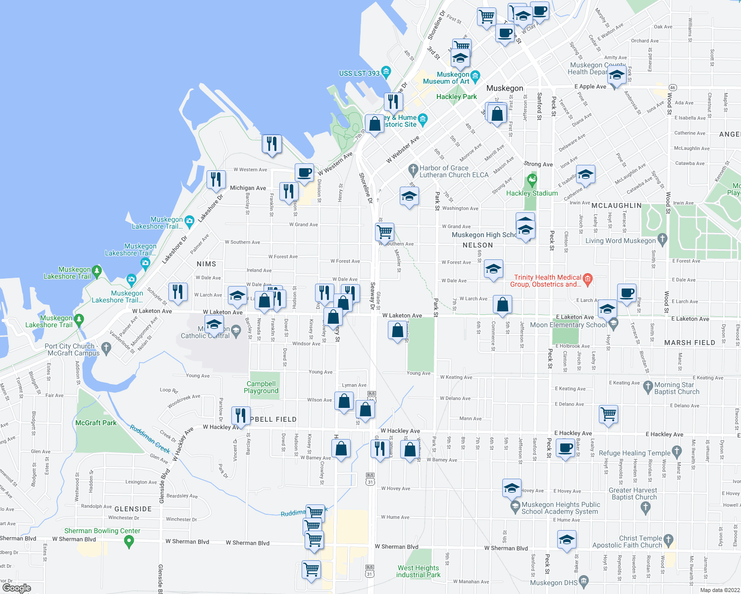 map of restaurants, bars, coffee shops, grocery stores, and more near West Larch Avenue in Muskegon