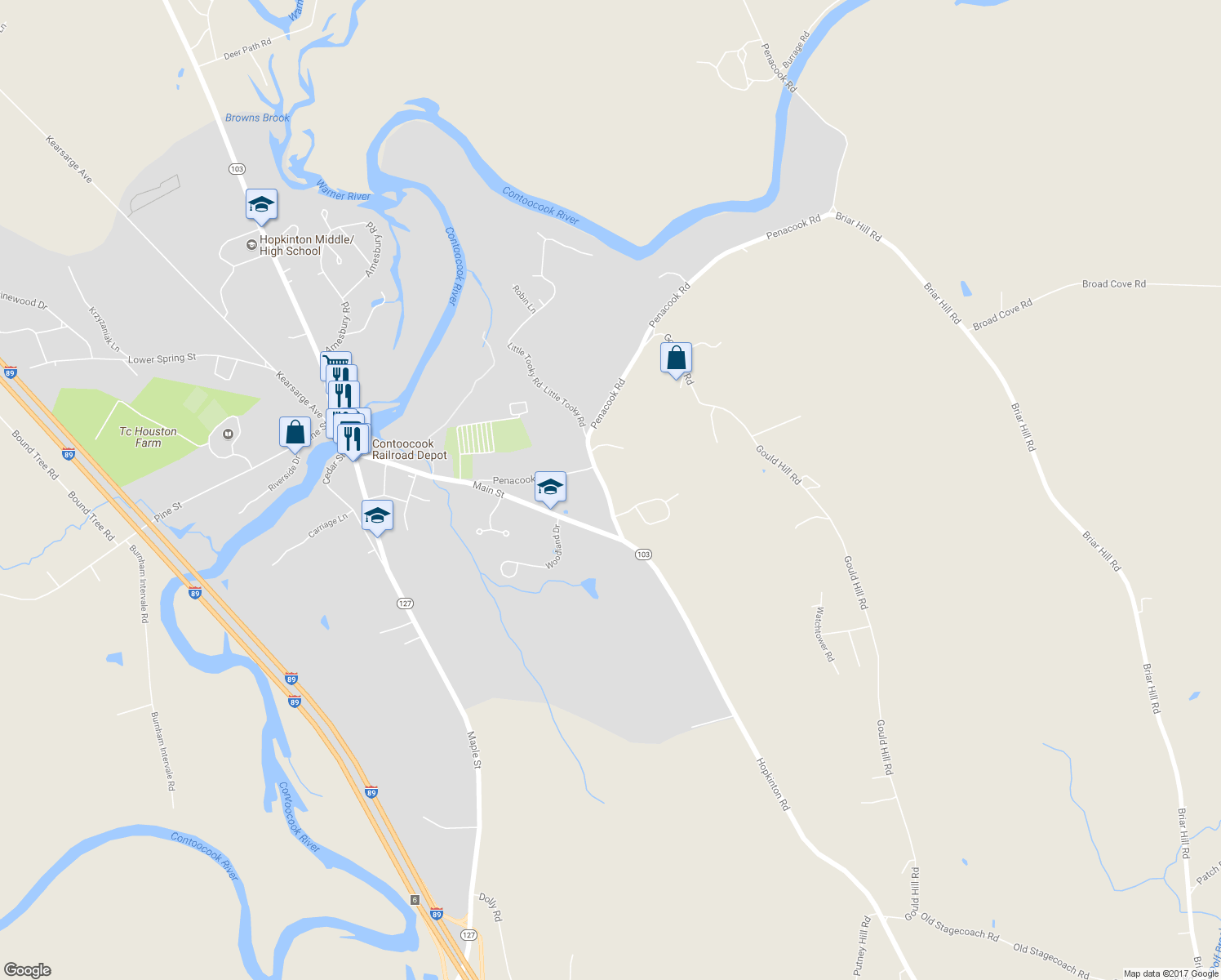 map of restaurants, bars, coffee shops, grocery stores, and more near 46 Indian Ridge Road in Hopkinton