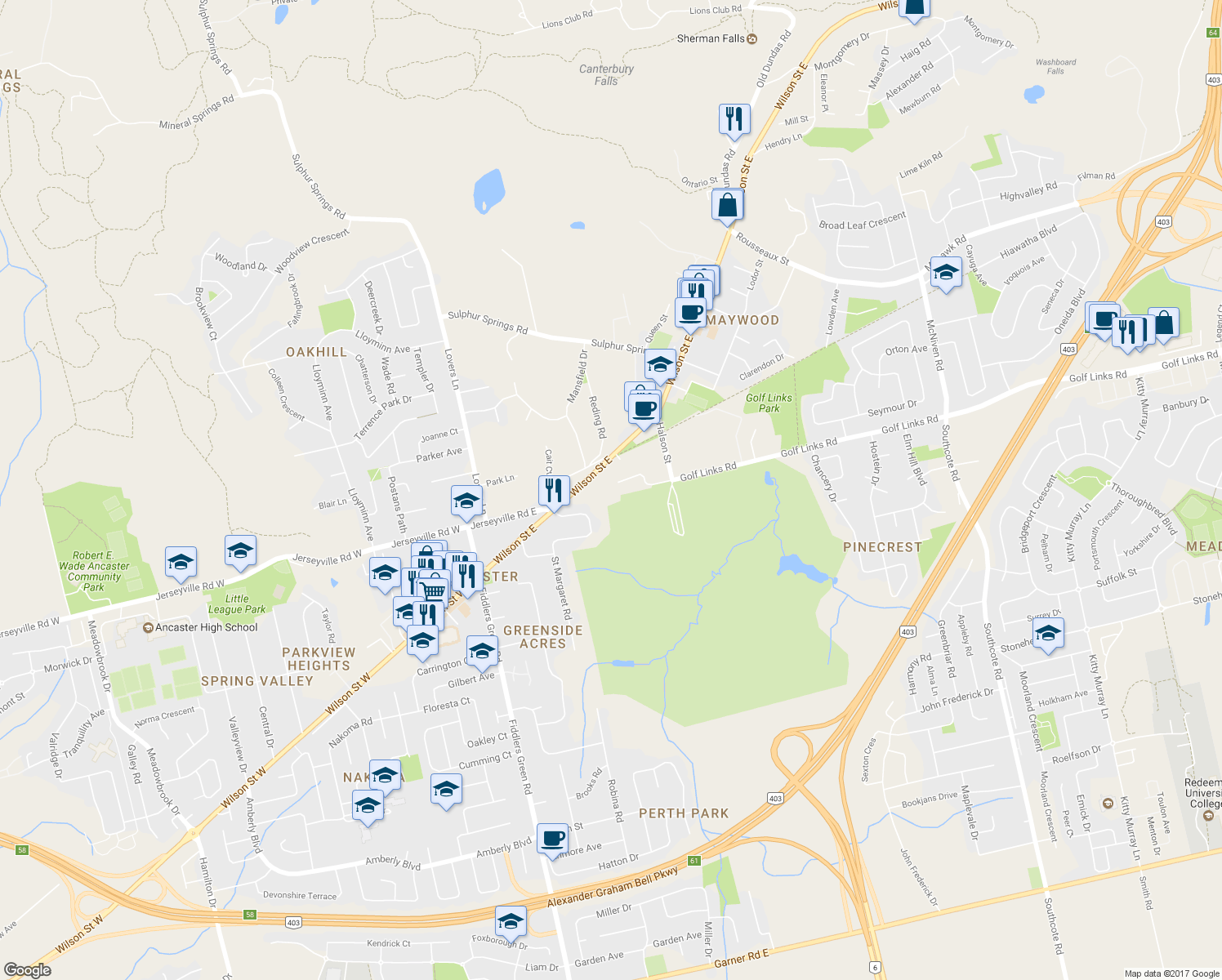 map of restaurants, bars, coffee shops, grocery stores, and more near 180 Golf Links Rd in Hamilton Division