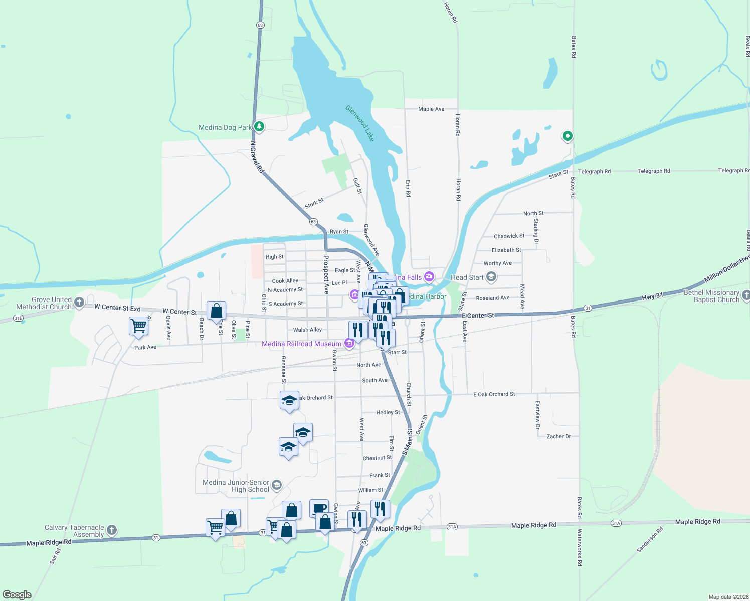 map of restaurants, bars, coffee shops, grocery stores, and more near 410 Main Street in Medina