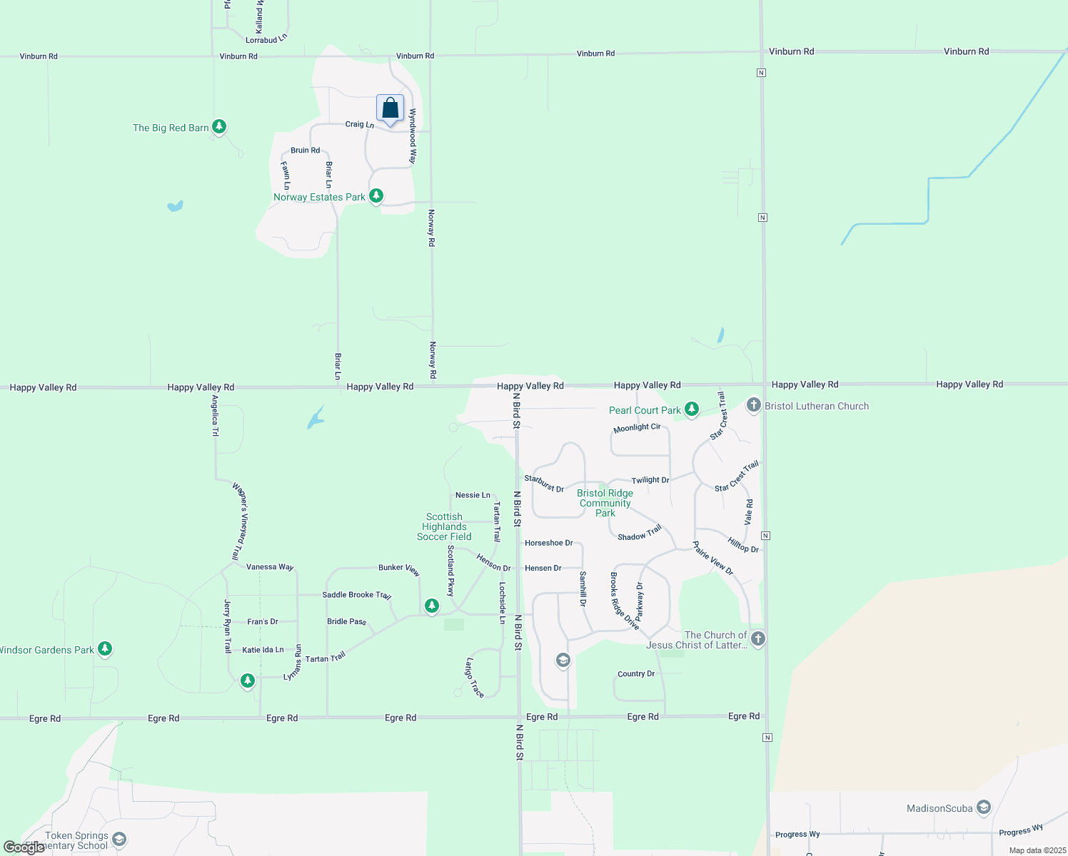 map of restaurants, bars, coffee shops, grocery stores, and more near 6832 North Bird Street in Sun Prairie