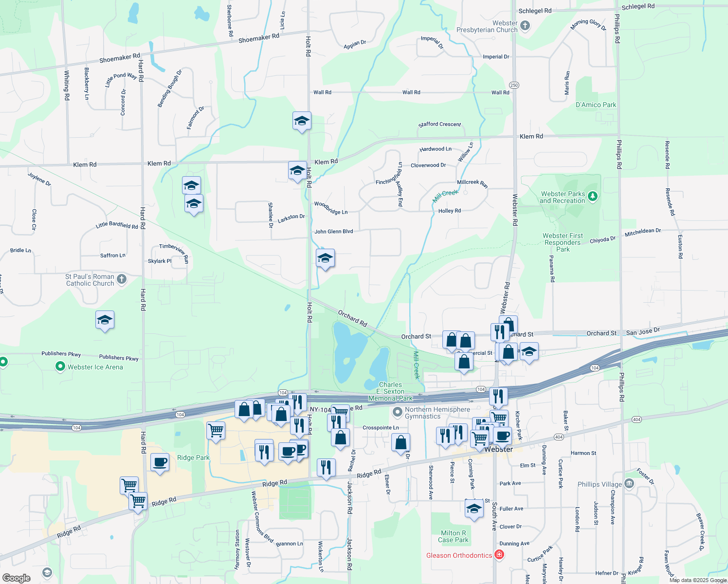 map of restaurants, bars, coffee shops, grocery stores, and more near 781 Blue Creek Dr in Webster