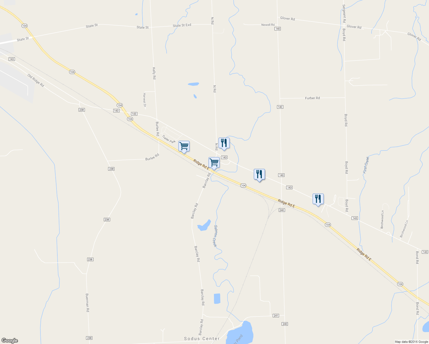 map of restaurants, bars, coffee shops, grocery stores, and more near Rte 104 in Sodus