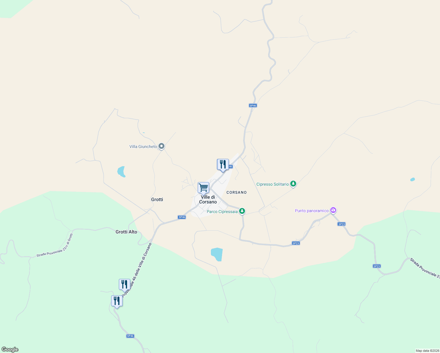 map of restaurants, bars, coffee shops, grocery stores, and more near 557-573 Strada Provinciale 23 delle Ville di Corsano in Ville di Corsano