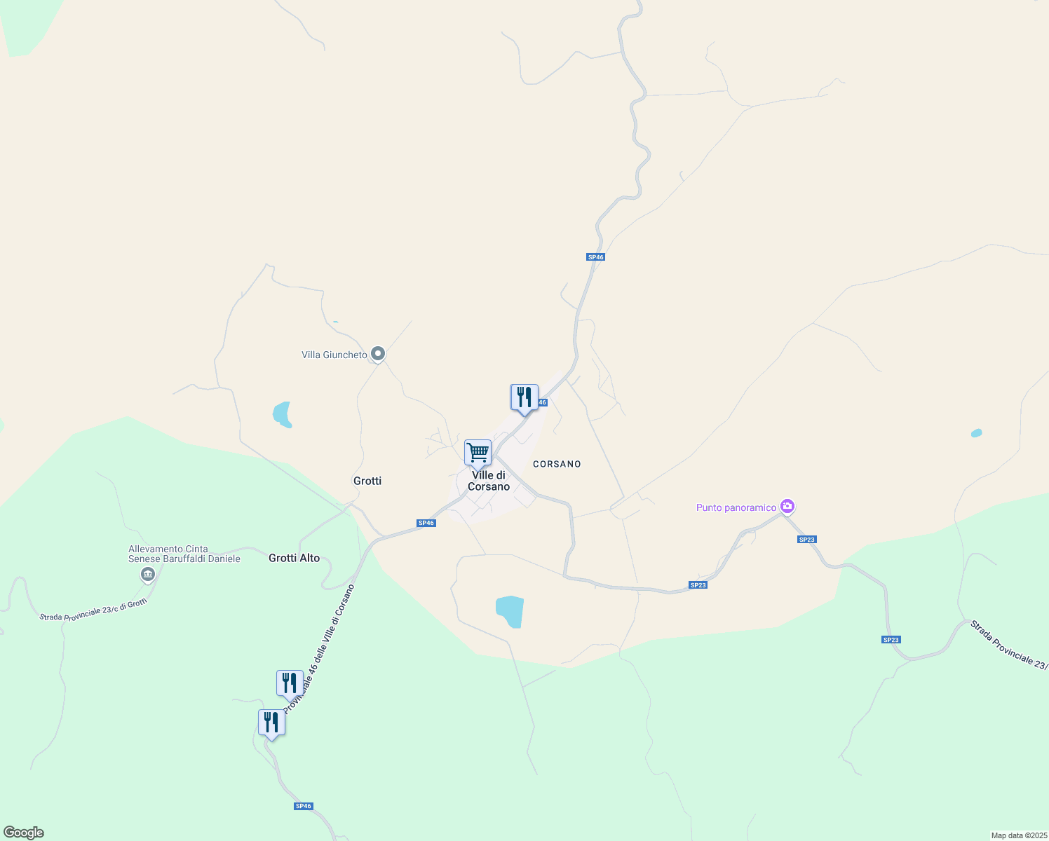 map of restaurants, bars, coffee shops, grocery stores, and more near Strada Provinciale 23 delle Ville di Corsano in Provincia di Siena