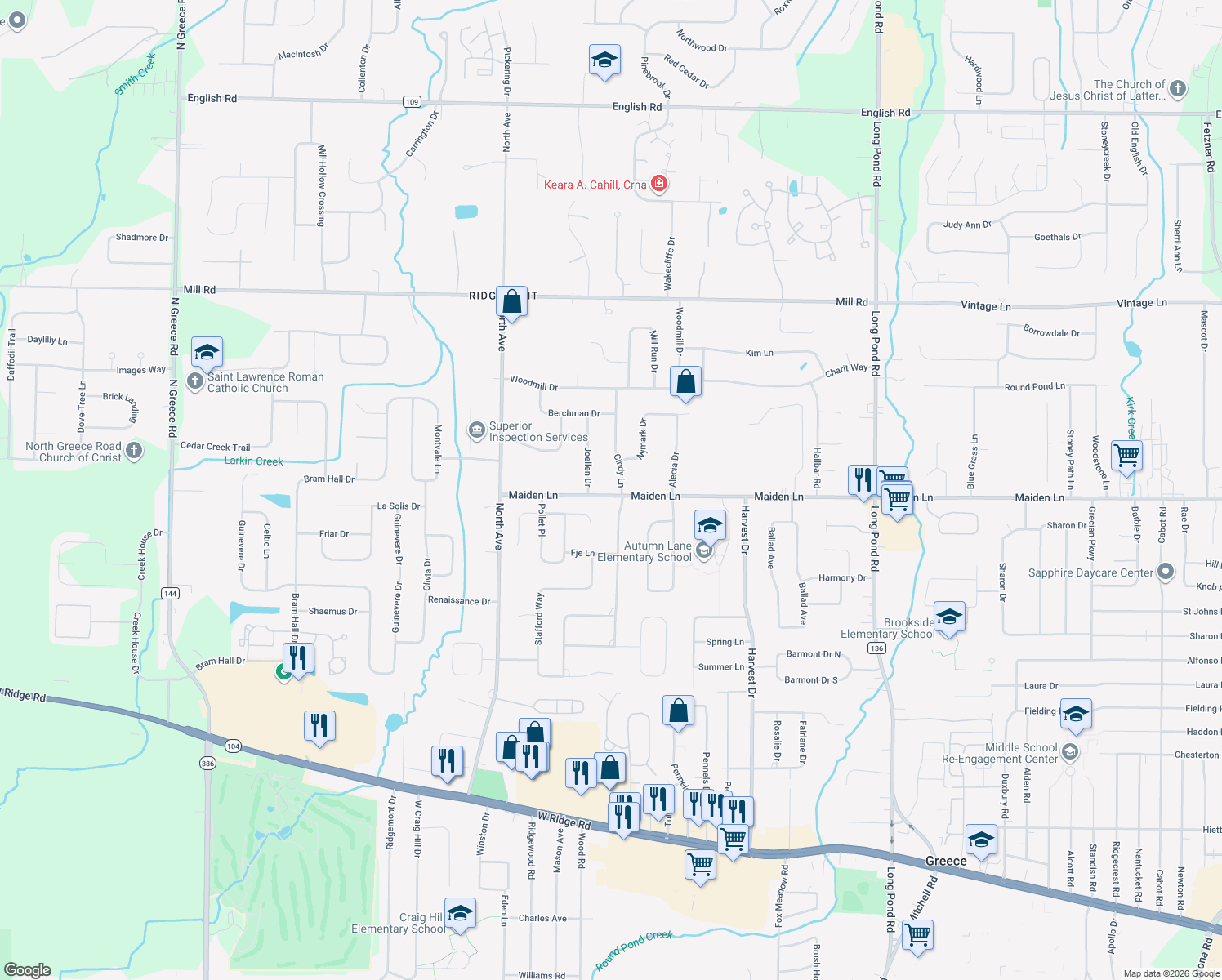 map of restaurants, bars, coffee shops, grocery stores, and more near 11 Cindy Lane in Rochester