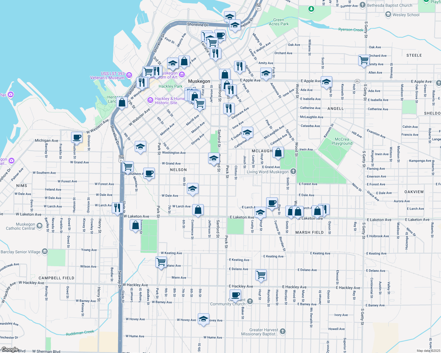 map of restaurants, bars, coffee shops, grocery stores, and more near 1562 Sanford Street in Muskegon