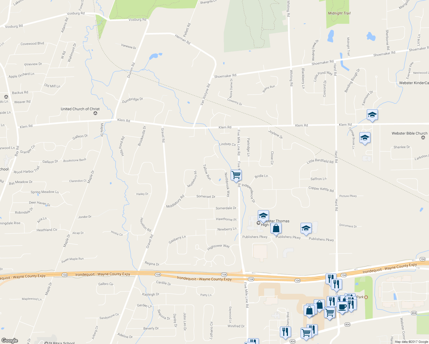 map of restaurants, bars, coffee shops, grocery stores, and more near 673 Northbrook Way in Webster