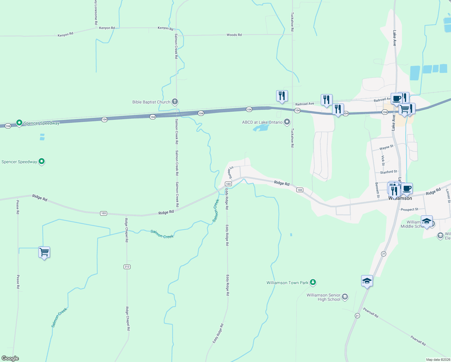 map of restaurants, bars, coffee shops, grocery stores, and more near 3569 Ridge Road in Williamson