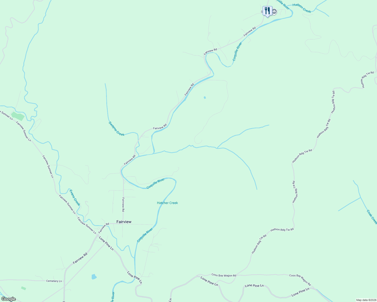 map of restaurants, bars, coffee shops, grocery stores, and more near 58994 Hampton Road in Coquille