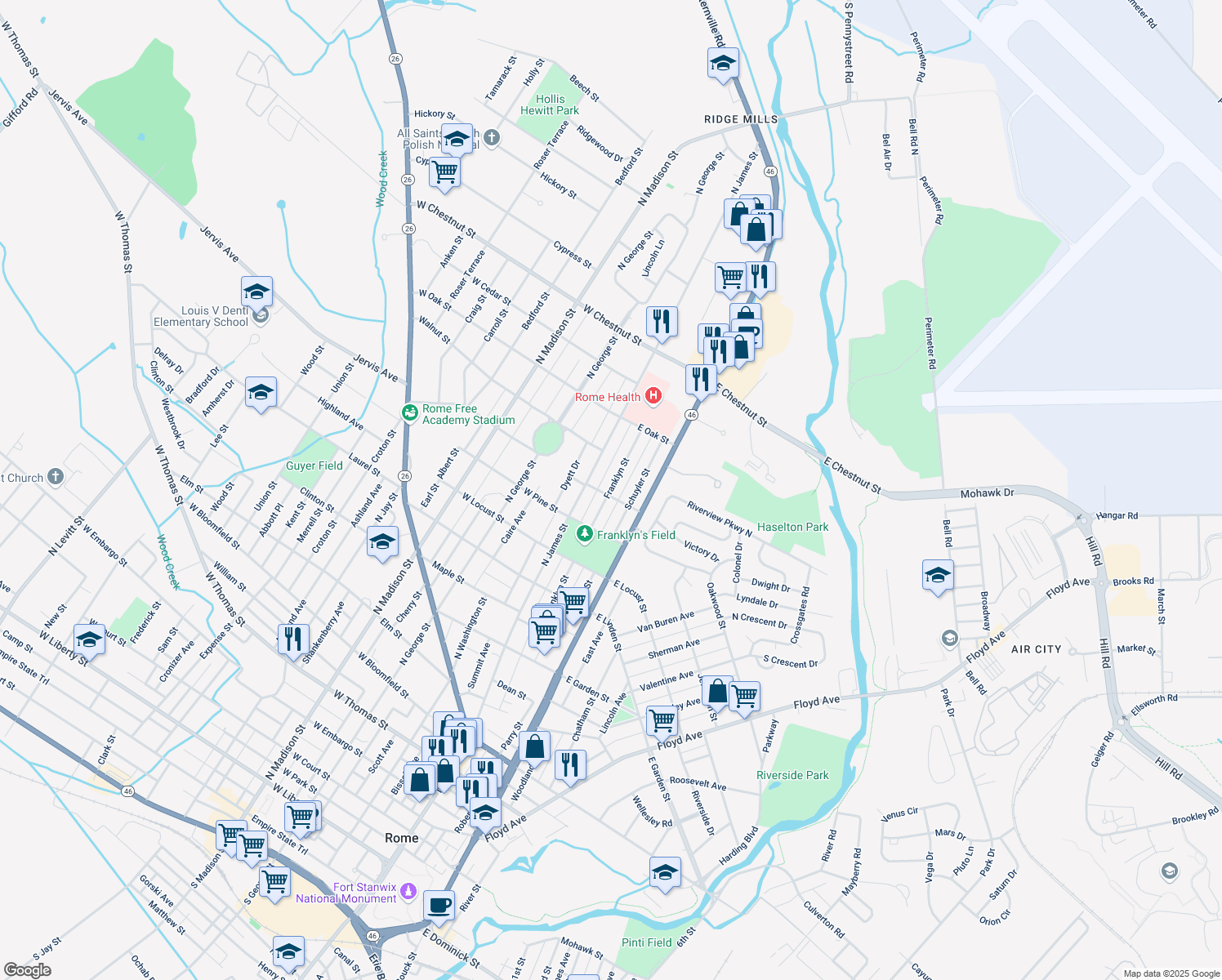 map of restaurants, bars, coffee shops, grocery stores, and more near 1314 Franklyn Street in Rome