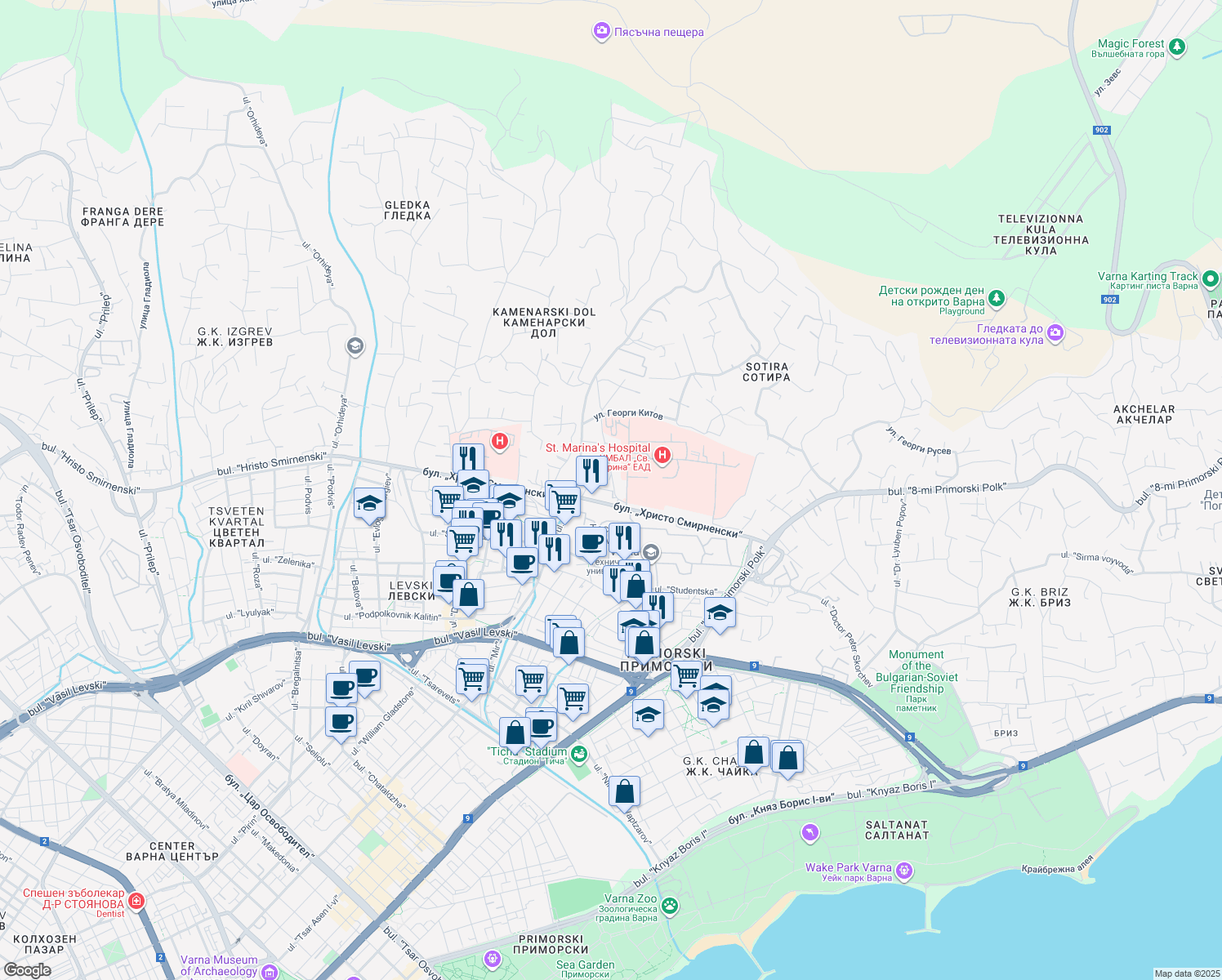map of restaurants, bars, coffee shops, grocery stores, and more near 1B bulevard "Hristo Smirnenski" in Varna