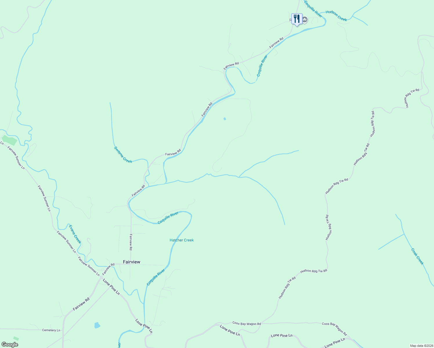 map of restaurants, bars, coffee shops, grocery stores, and more near 58994 Hampton Road in Coquille