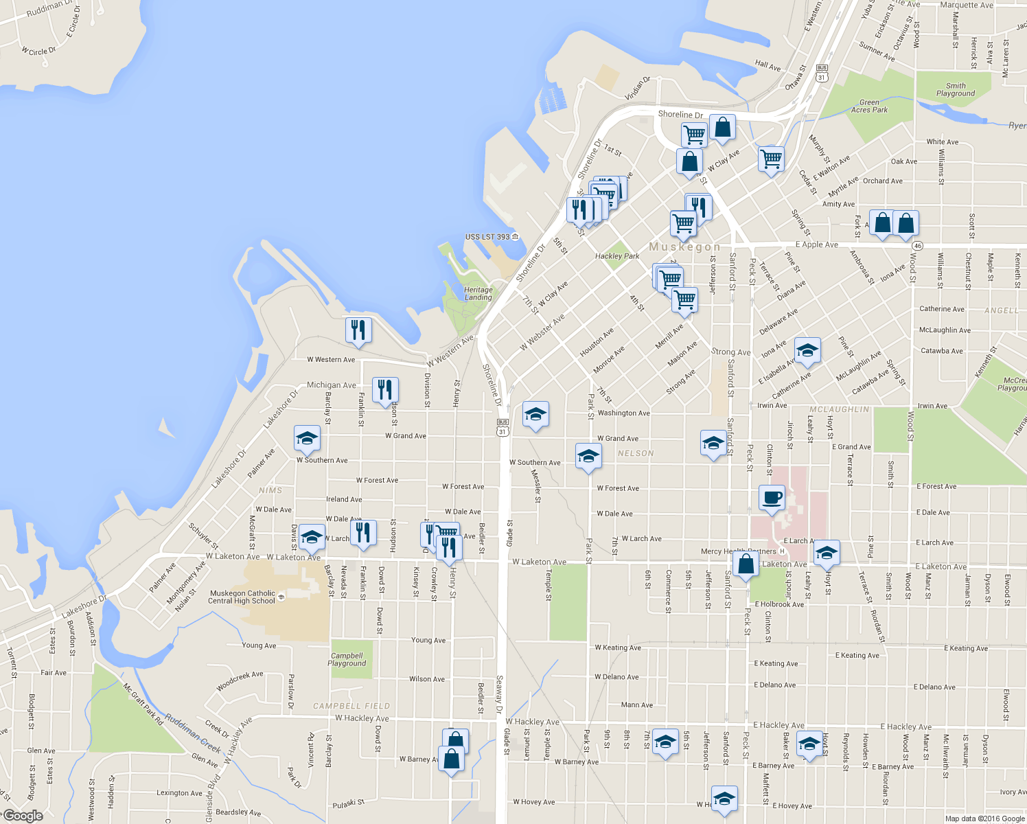 map of restaurants, bars, coffee shops, grocery stores, and more near 632 Houston Avenue in Muskegon