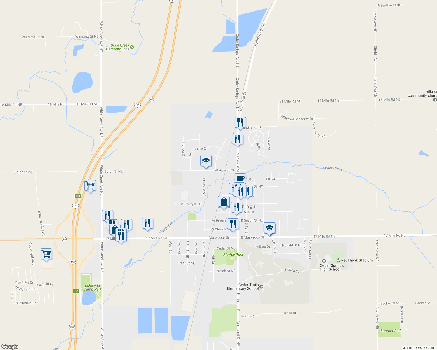 map of restaurants, bars, coffee shops, grocery stores, and more near 118 West Pine Street Northeast in Cedar Springs