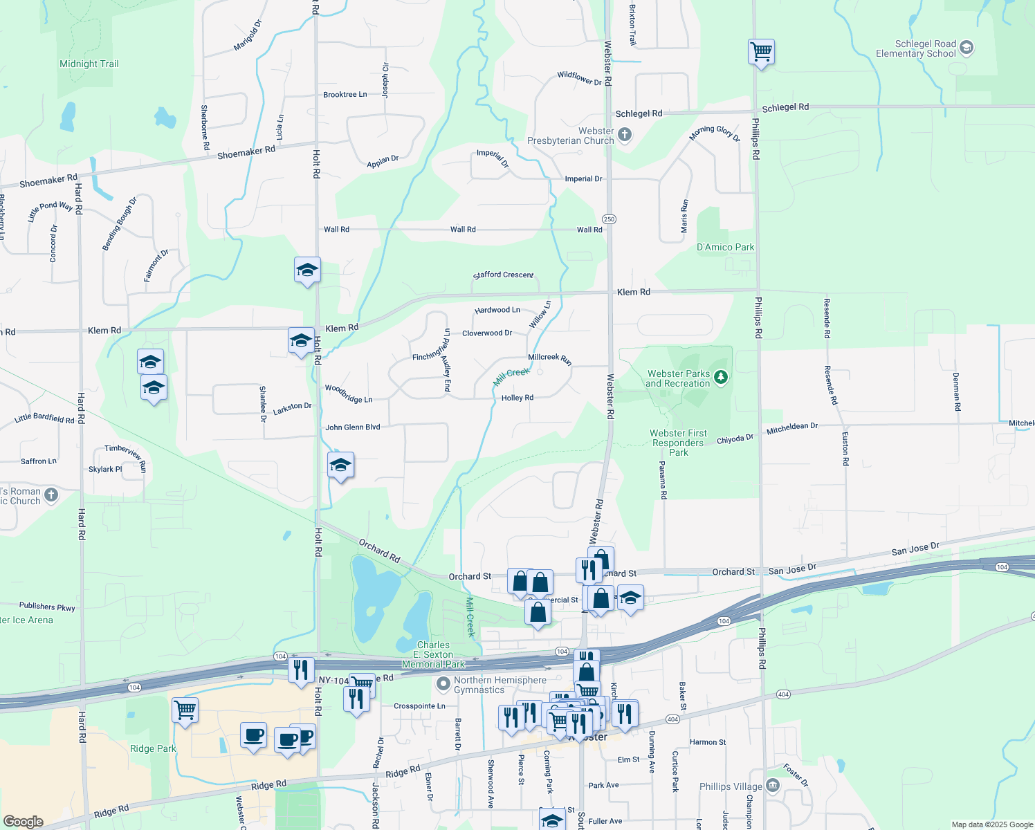 map of restaurants, bars, coffee shops, grocery stores, and more near 1262 Conifer Cove Ln in Webster