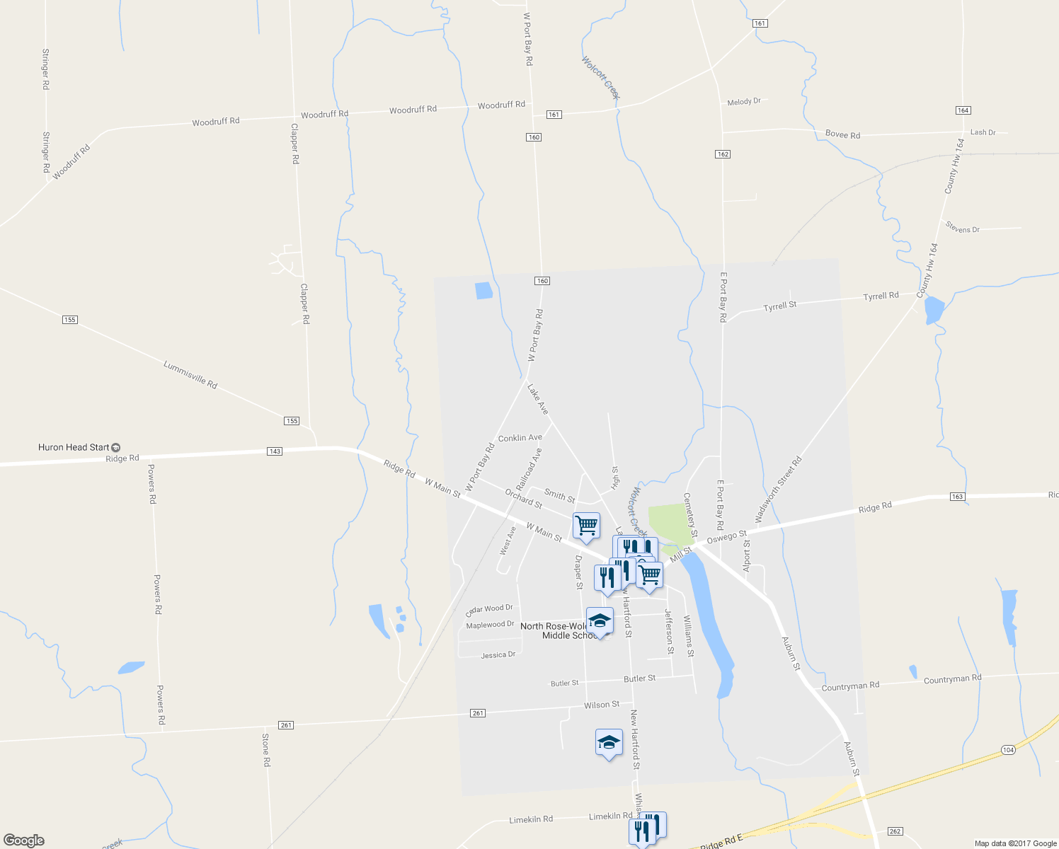 map of restaurants, bars, coffee shops, grocery stores, and more near 6235 Lake Avenue in Wolcott