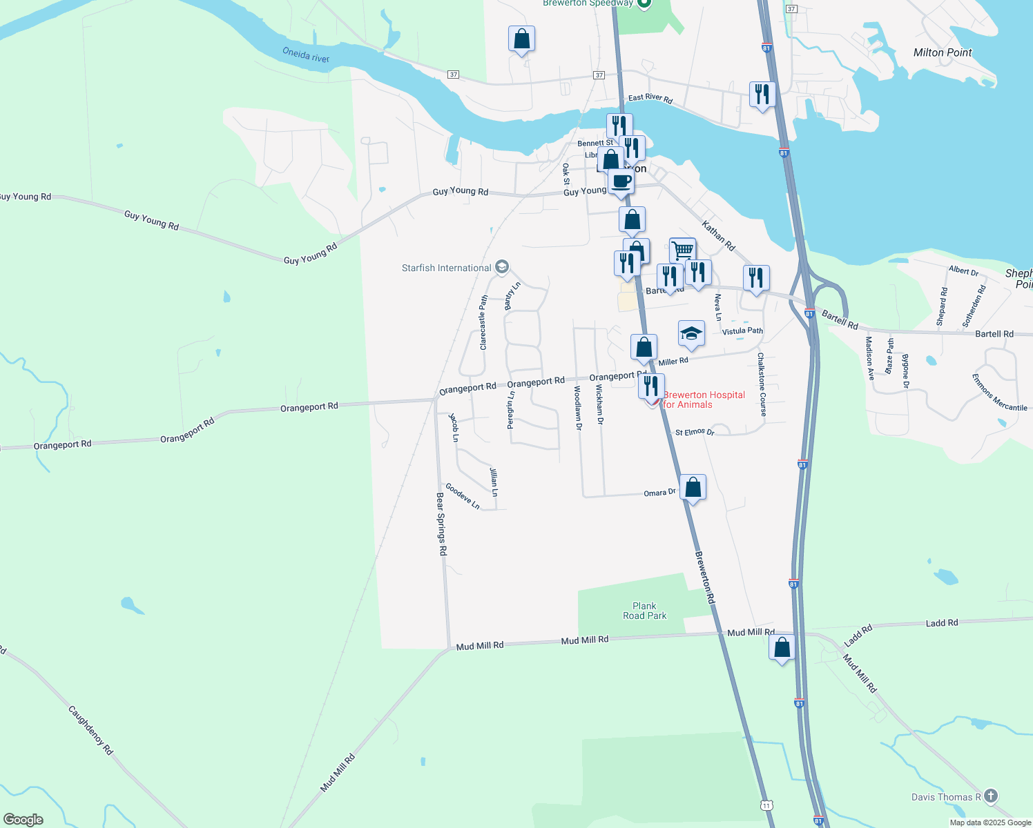map of restaurants, bars, coffee shops, grocery stores, and more near 5347 Brandybuck Road in Brewerton