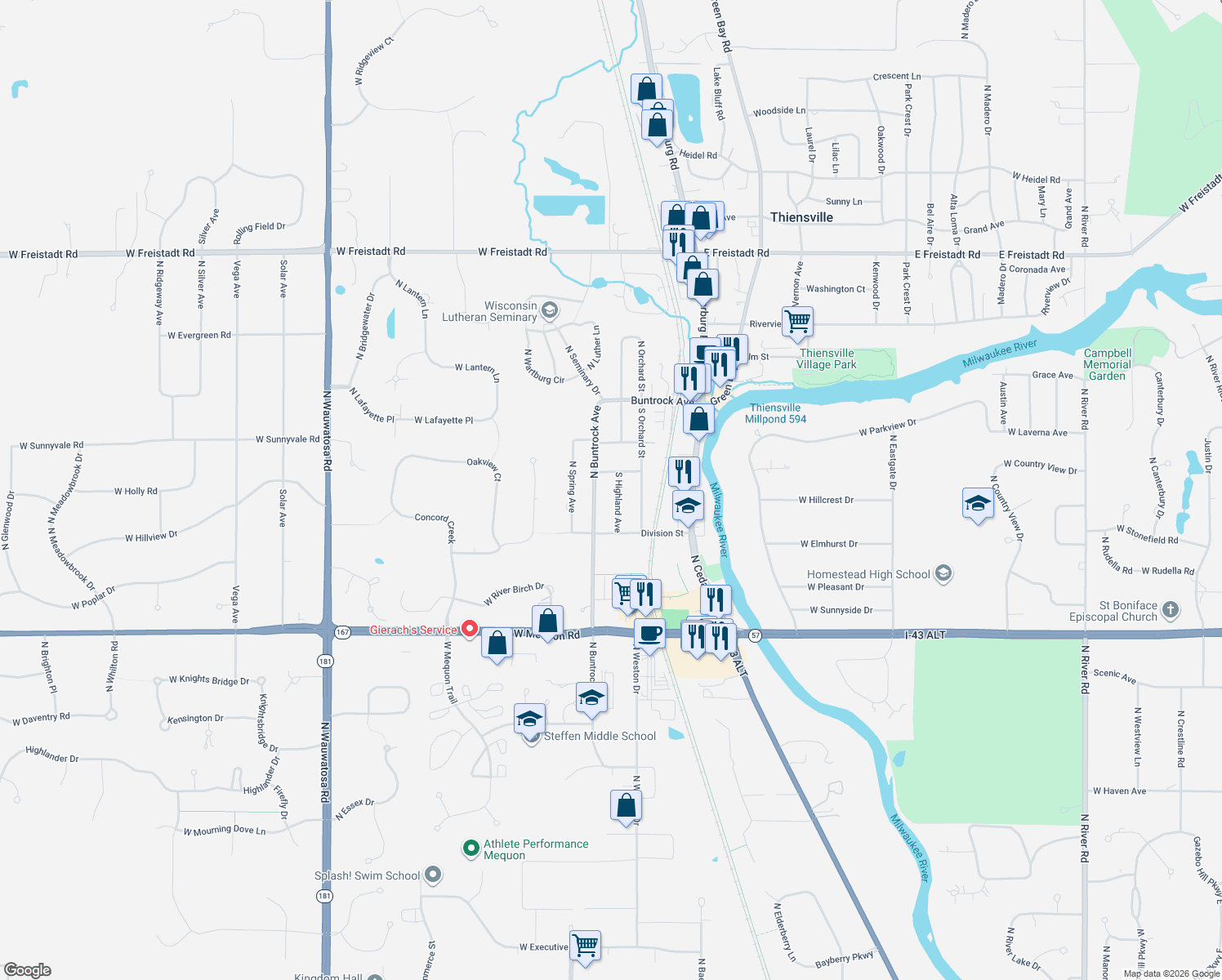 map of restaurants, bars, coffee shops, grocery stores, and more near 205 S Highland Ave in Thiensville