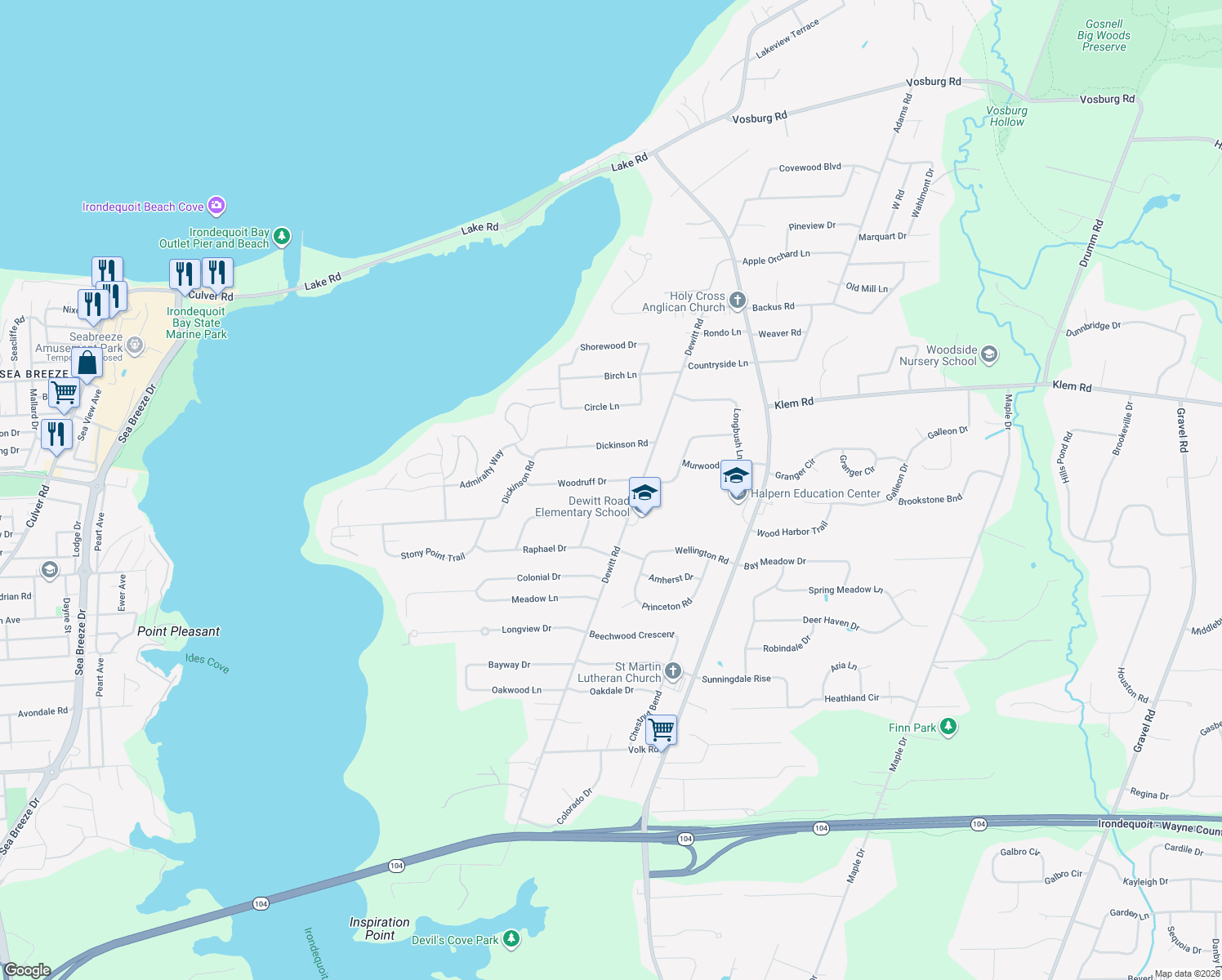 map of restaurants, bars, coffee shops, grocery stores, and more near 297 Woodruff Dr in Webster