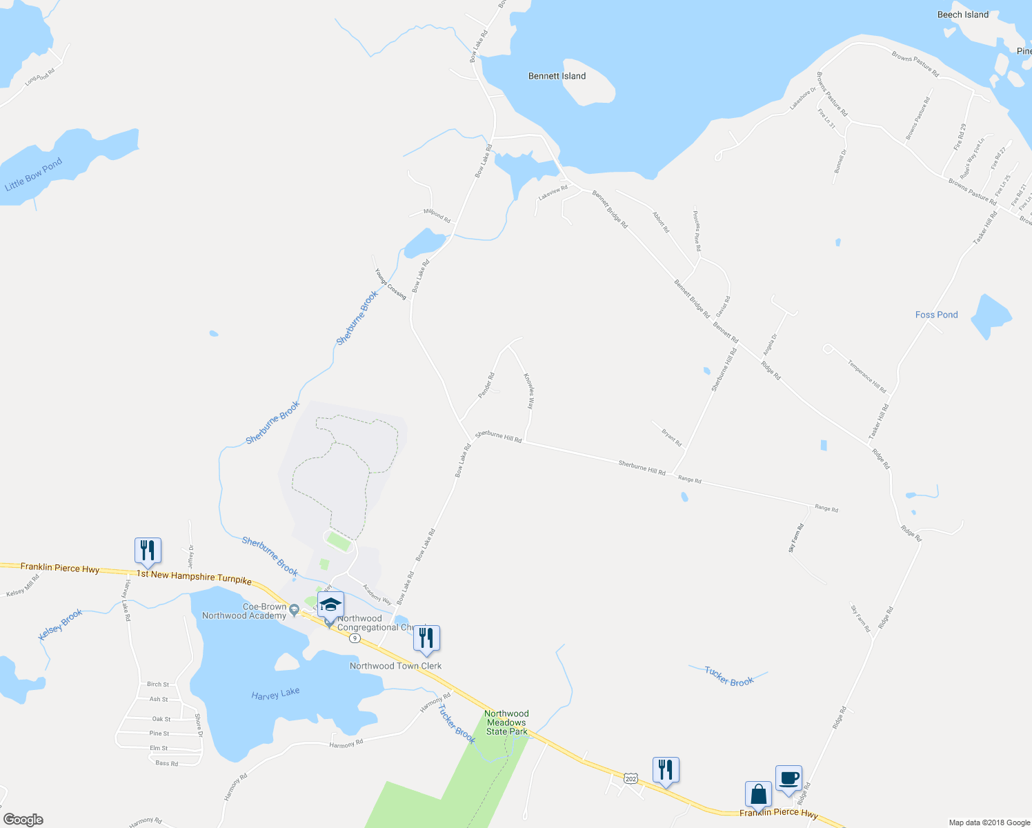 map of restaurants, bars, coffee shops, grocery stores, and more near 15 Knowles Way in Northwood