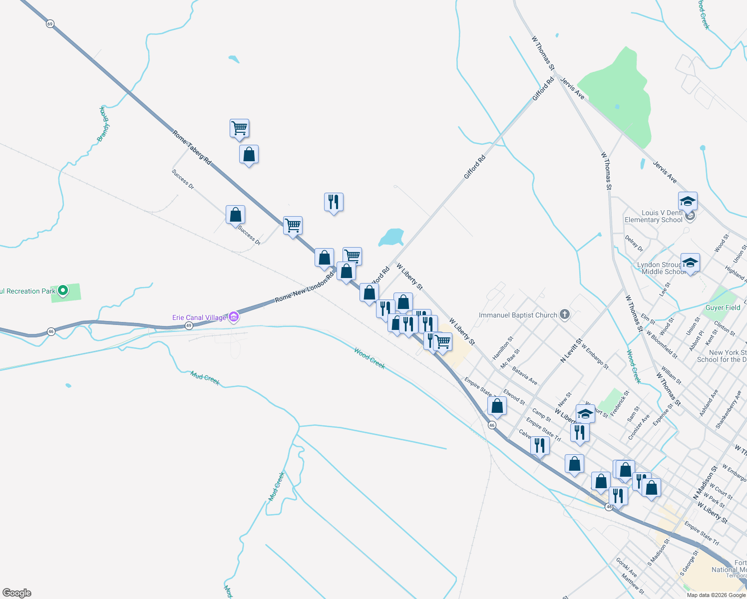 map of restaurants, bars, coffee shops, grocery stores, and more near 5722 Highway 46 in Rome