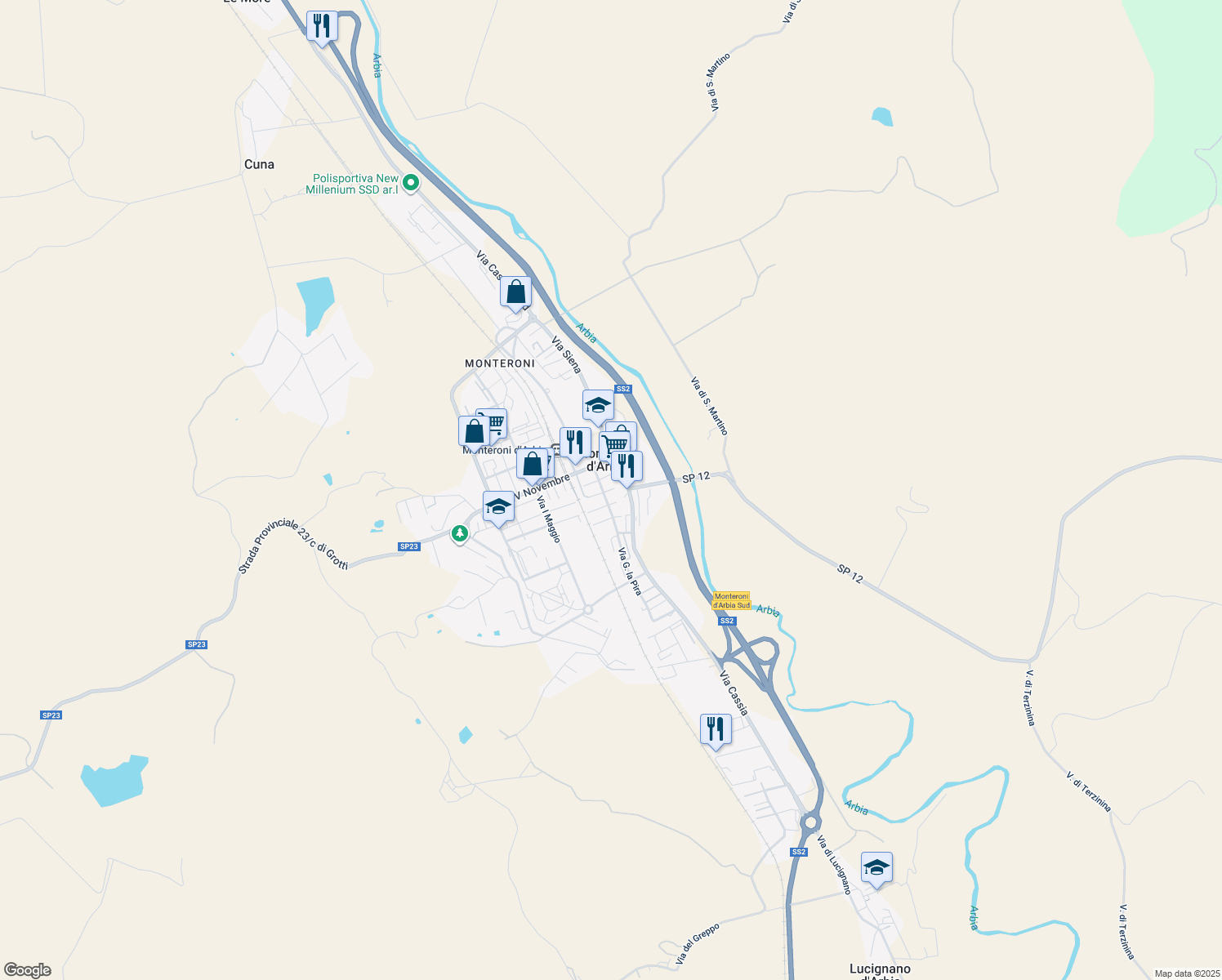 map of restaurants, bars, coffee shops, grocery stores, and more near 1 Via della Repubblica in Monteroni d'Arbia