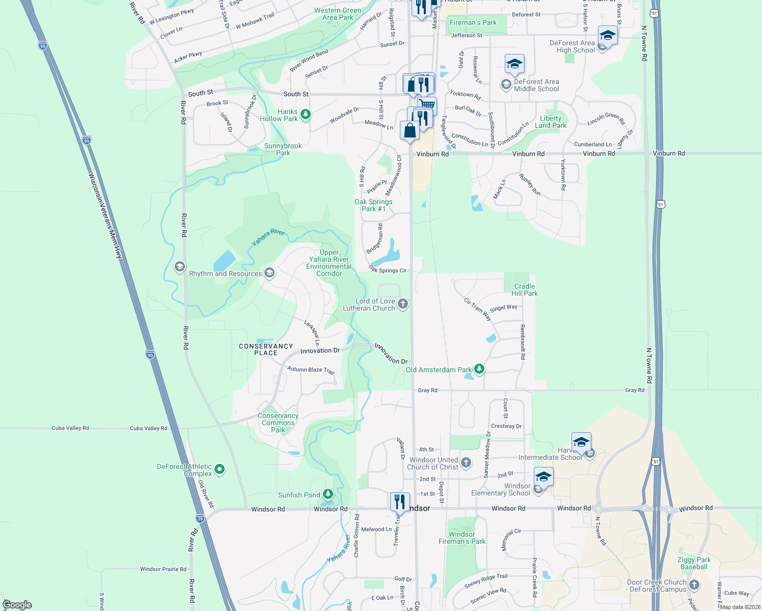 map of restaurants, bars, coffee shops, grocery stores, and more near 113 Paradise Cir in DeForest