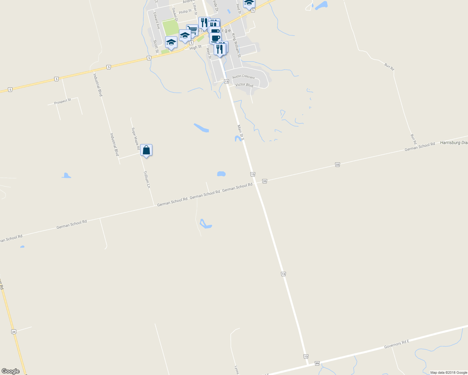 map of restaurants, bars, coffee shops, grocery stores, and more near 174 German School Road in Brant