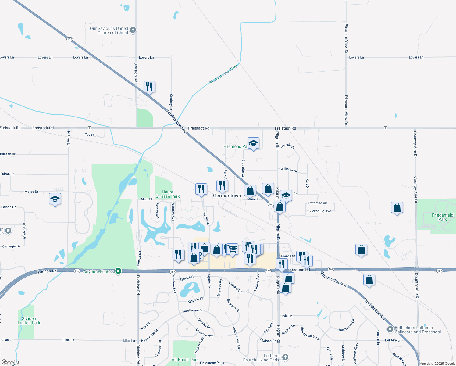 map of restaurants, bars, coffee shops, grocery stores, and more near W162N11670 Park Avenue in Germantown