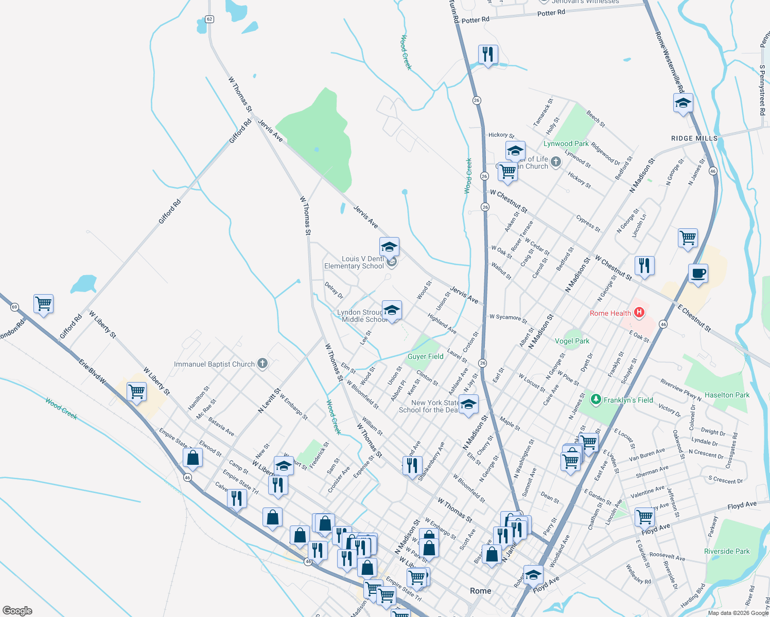 map of restaurants, bars, coffee shops, grocery stores, and more near 948 Laurel St in Rome
