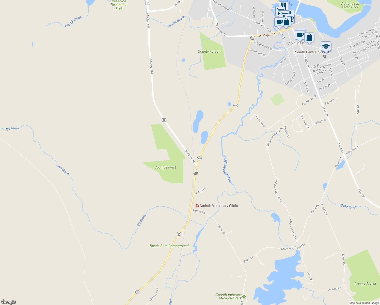 map of restaurants, bars, coffee shops, grocery stores, and more near 4 County Road 10 in Corinth