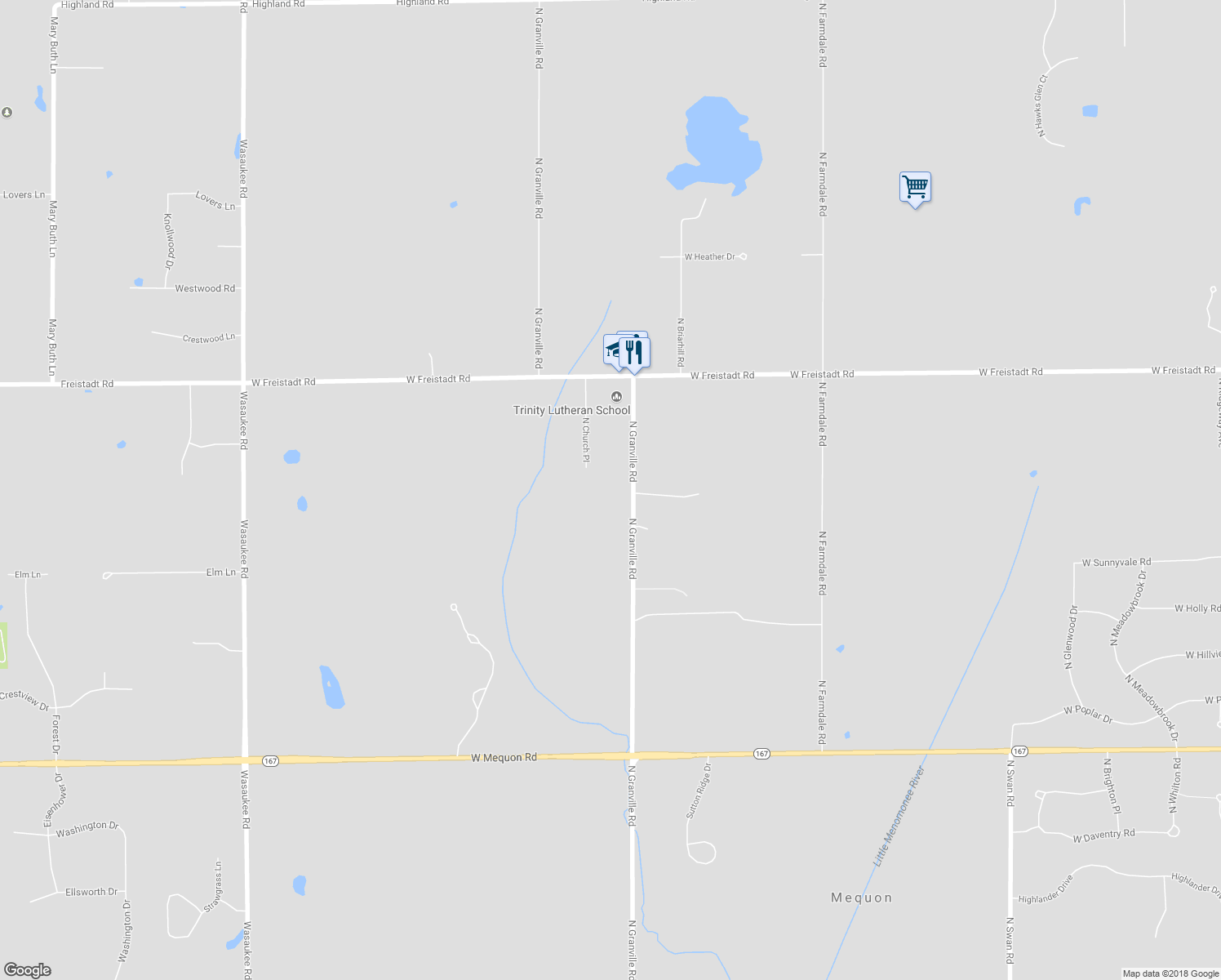 map of restaurants, bars, coffee shops, grocery stores, and more near 11737 North Granville Road in Mequon