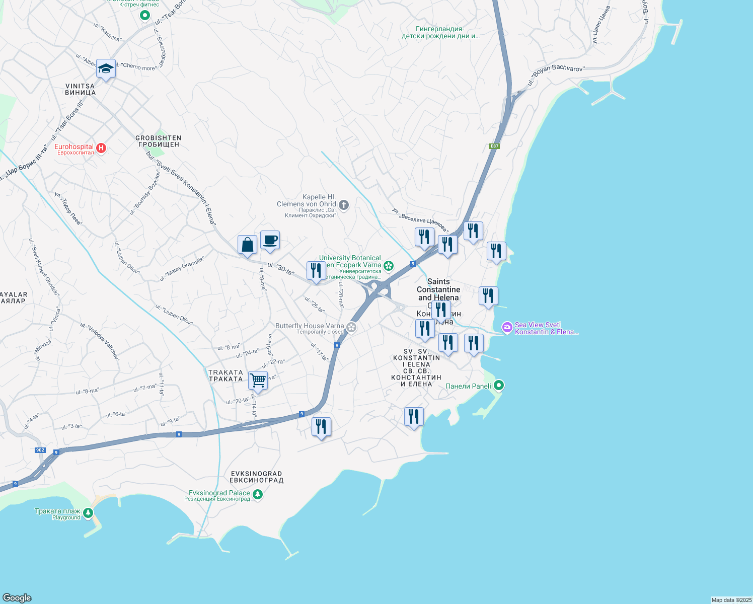 map of restaurants, bars, coffee shops, grocery stores, and more near 169 ulitsa "1-va" in Varna