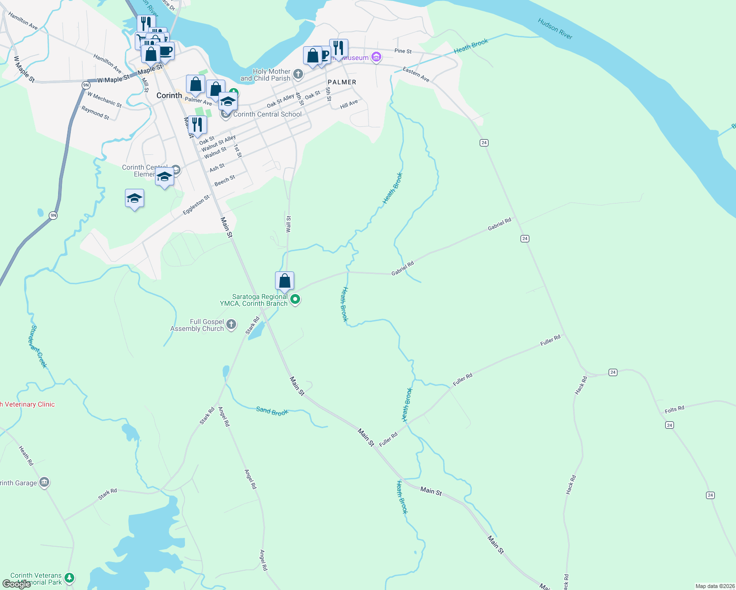 map of restaurants, bars, coffee shops, grocery stores, and more near 65 Gabriel Rd in Corinth