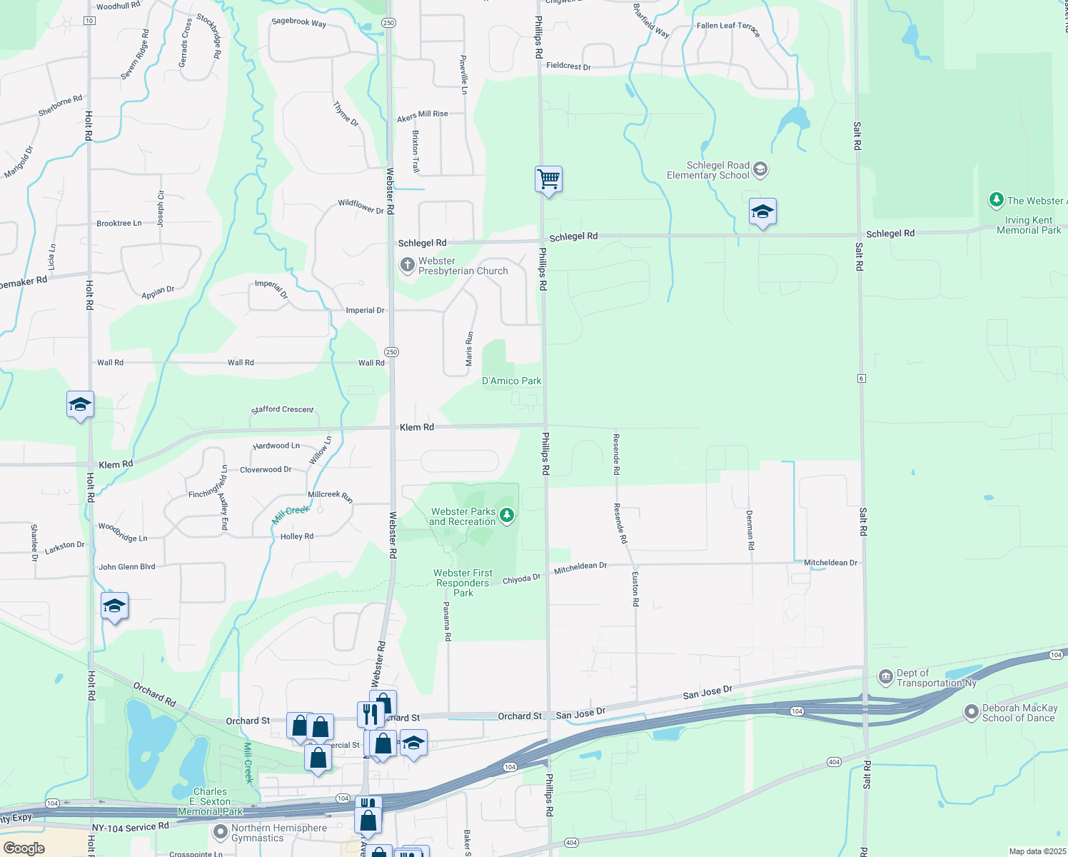 map of restaurants, bars, coffee shops, grocery stores, and more near 639 Phillips Road in Webster
