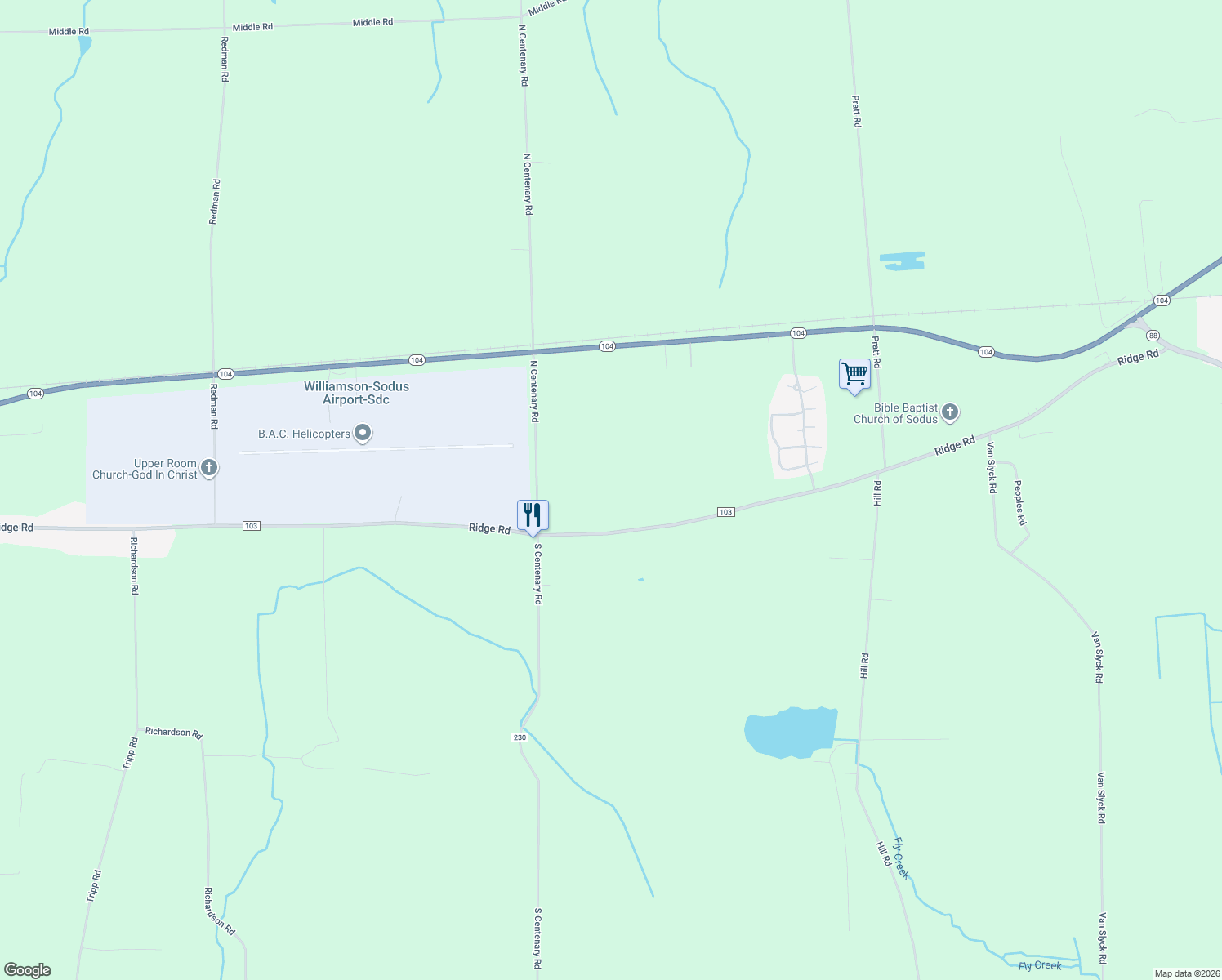 map of restaurants, bars, coffee shops, grocery stores, and more near 5791 Ridge Road in Williamson