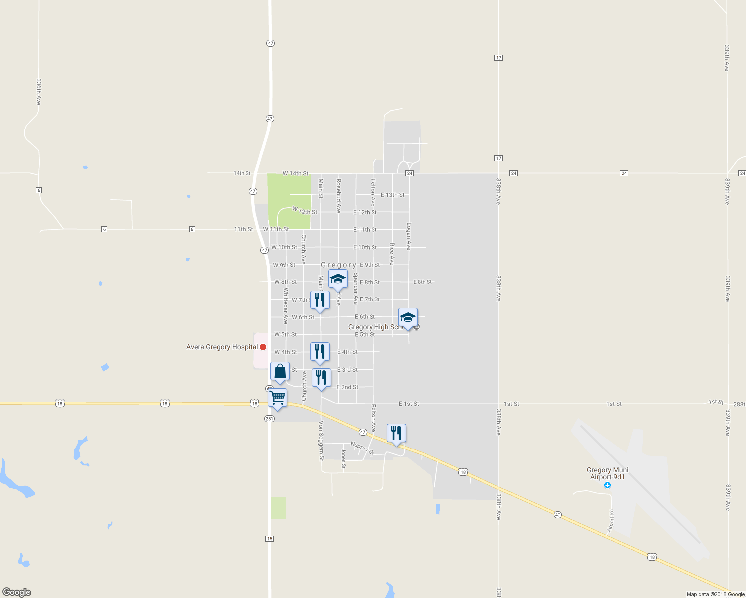 map of restaurants, bars, coffee shops, grocery stores, and more near Felton Avenue in Gregory