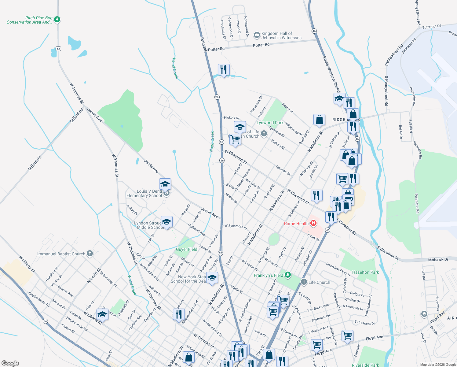 map of restaurants, bars, coffee shops, grocery stores, and more near 1509 Anken Street in Rome