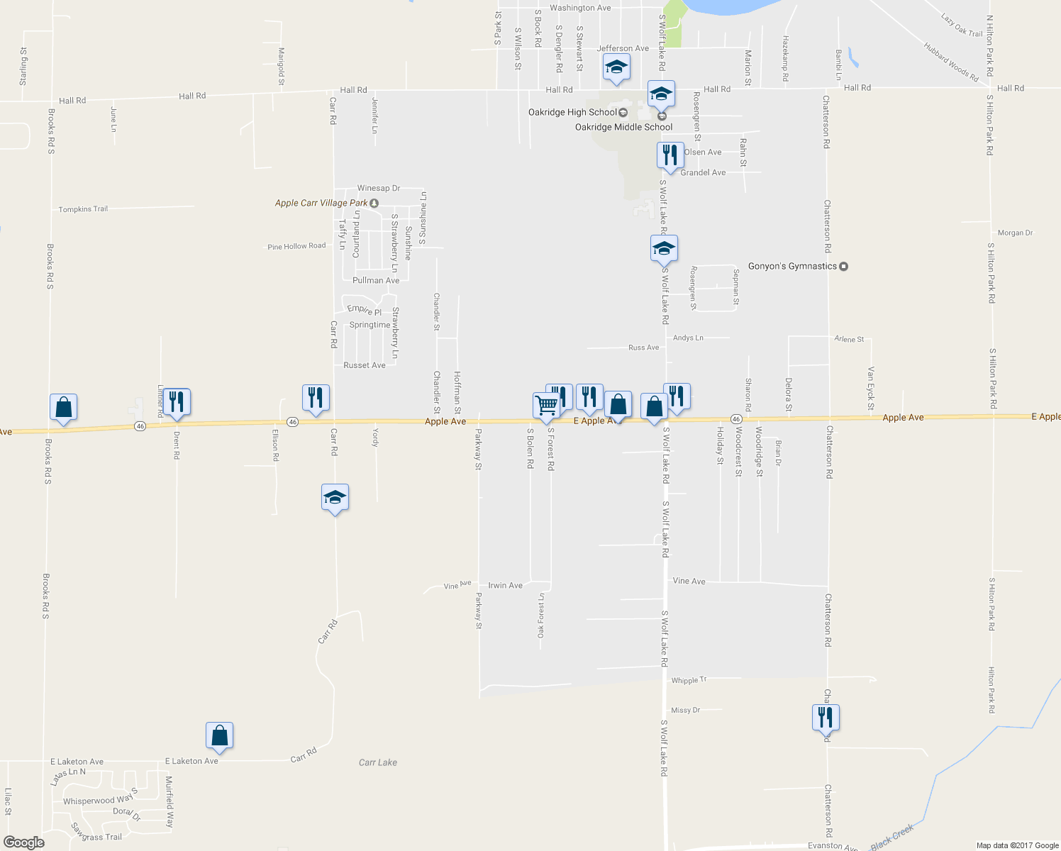 map of restaurants, bars, coffee shops, grocery stores, and more near 1348 South Bolen Road in Muskegon