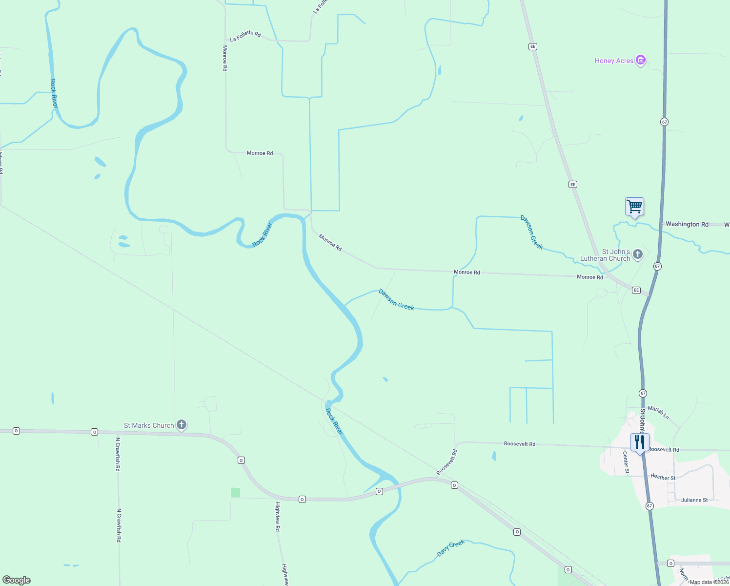 map of restaurants, bars, coffee shops, grocery stores, and more near W2951 Monroe Road in Oconomowoc