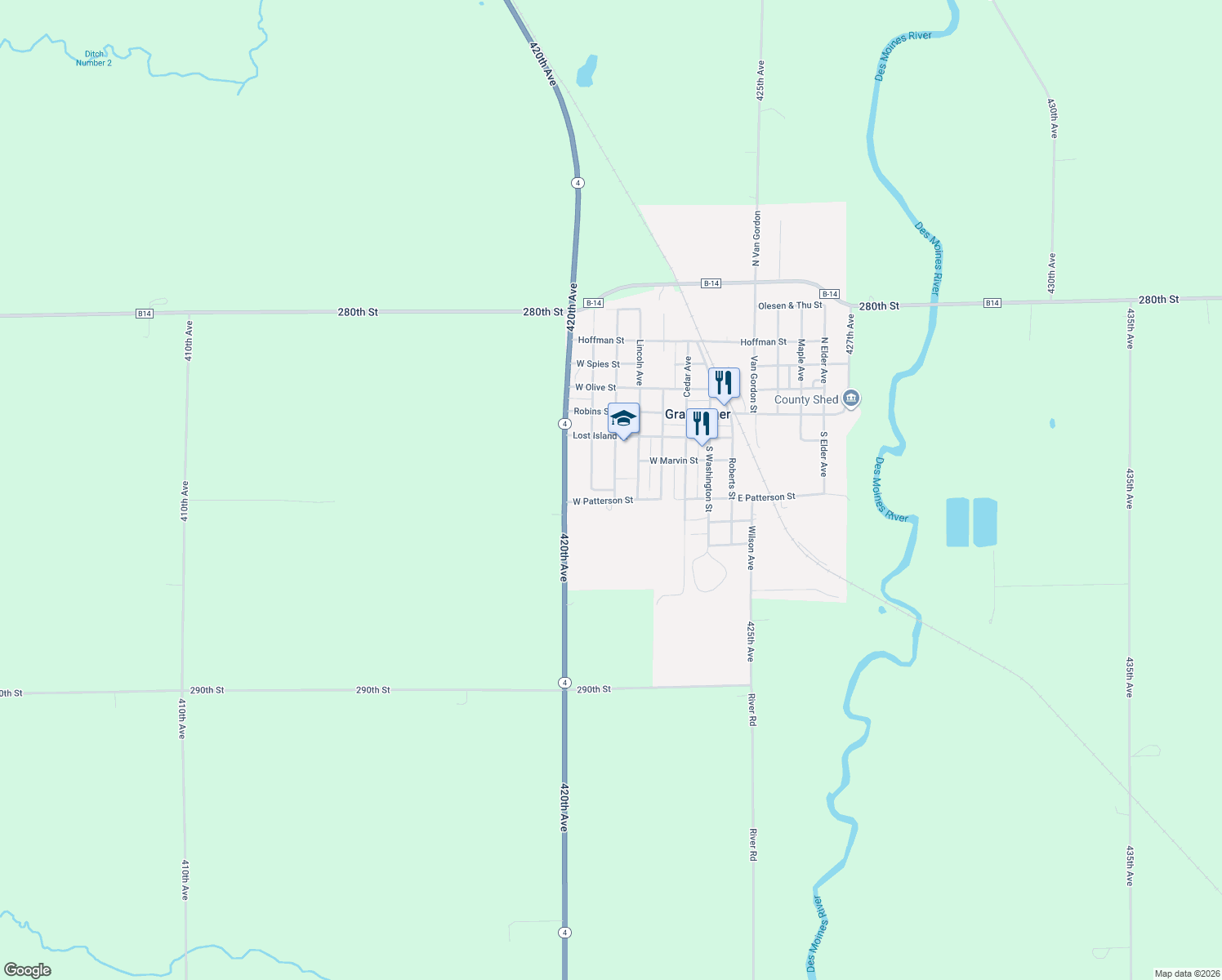 map of restaurants, bars, coffee shops, grocery stores, and more near 398 Jackson Ave in Graettinger