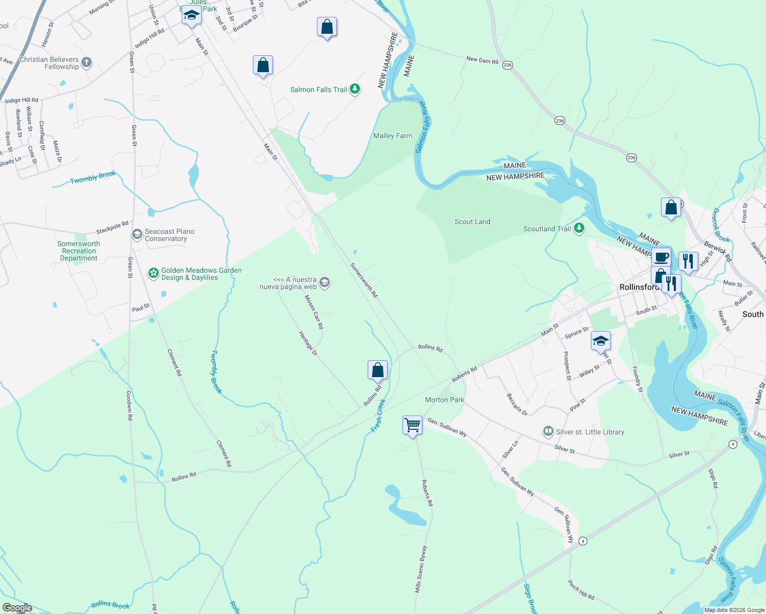 map of restaurants, bars, coffee shops, grocery stores, and more near 204 Somersworth Road in Rollinsford